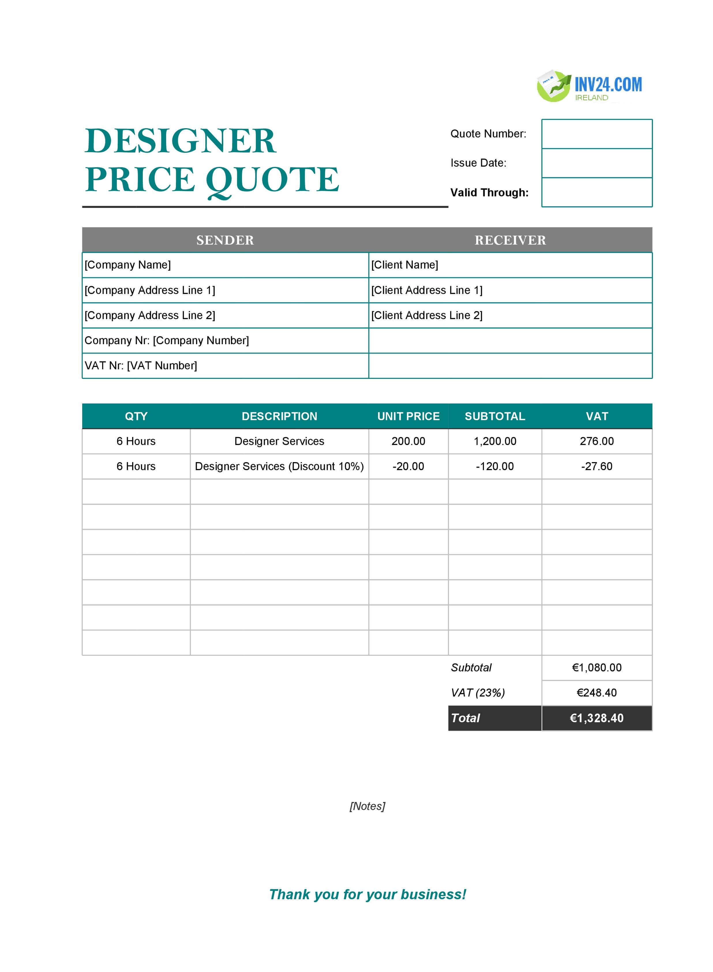 Designer Quote Template for Ireland (Excel / Google Sheets)