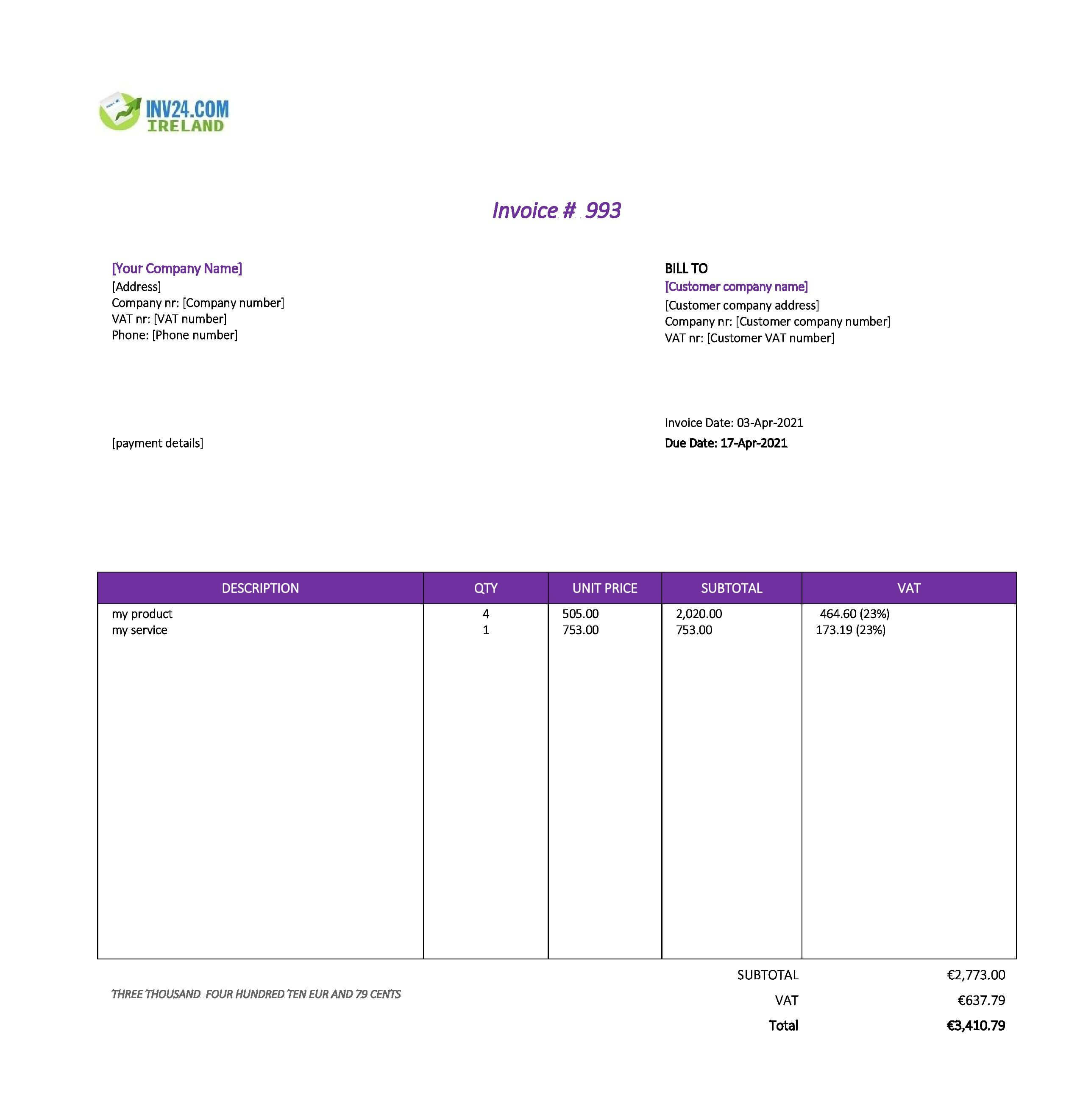 Easy Invoice Template Ireland (Excel / Google Sheets)