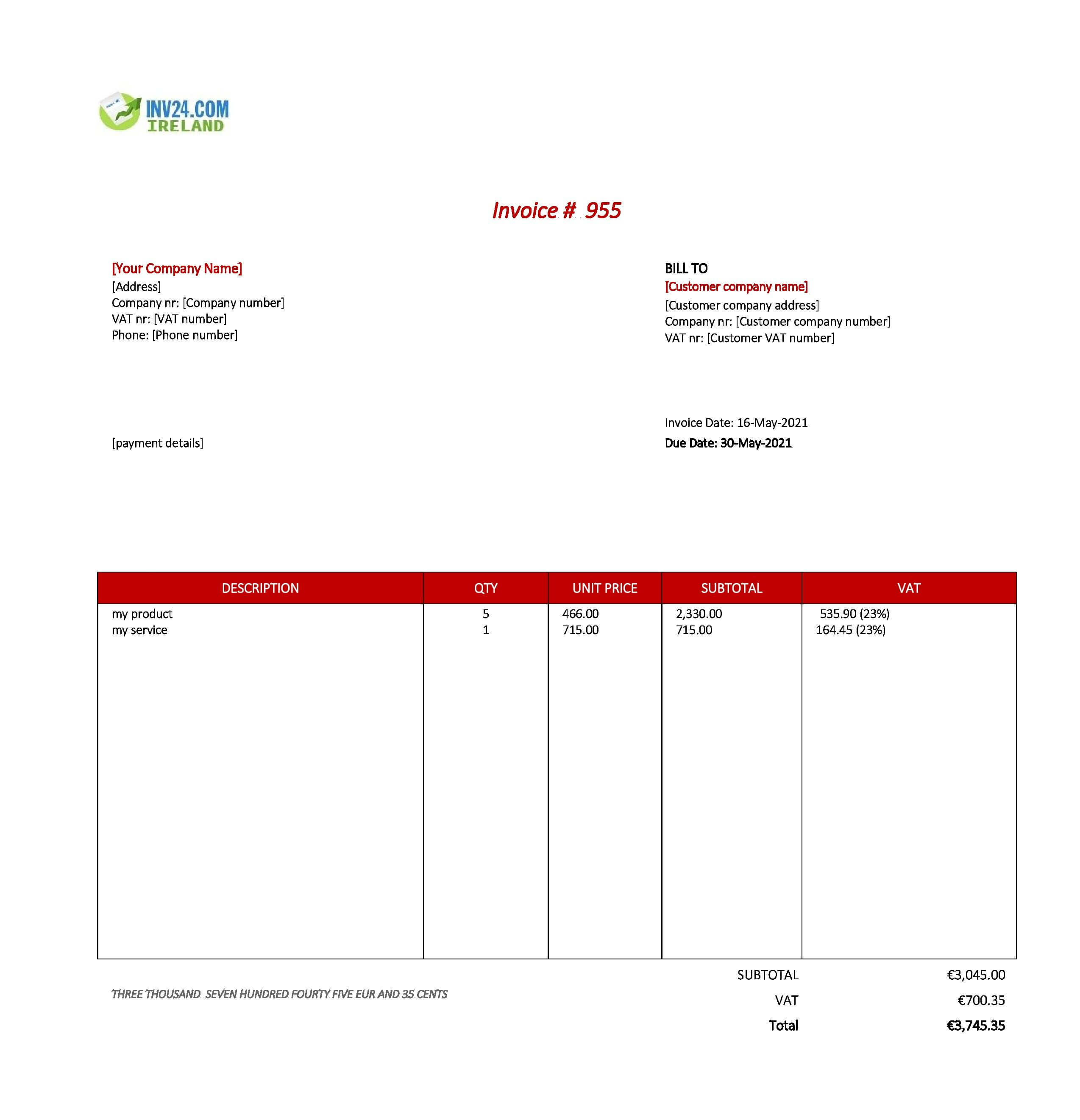 editable invoice template ireland