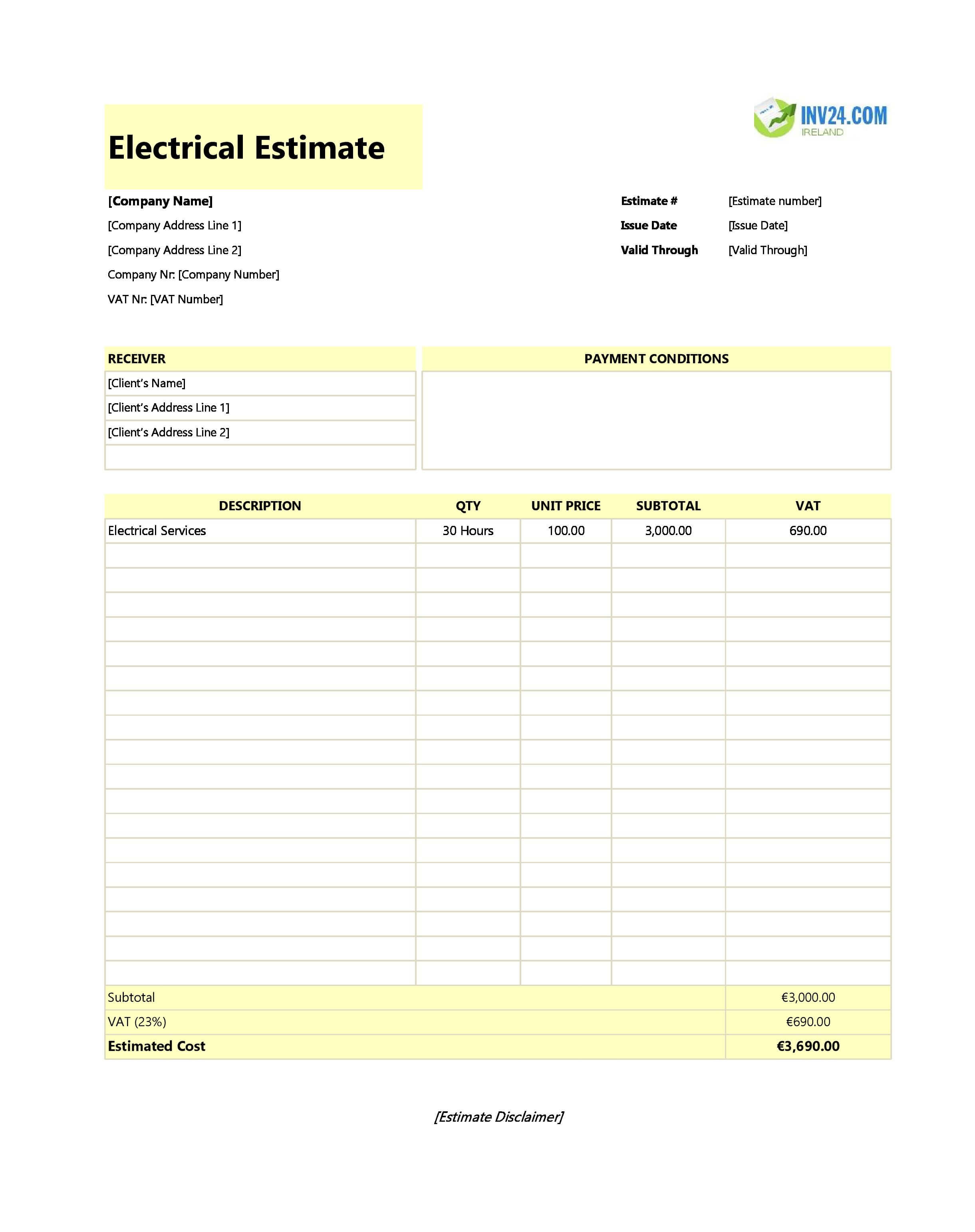 Electrical Estimate Template for Ireland (Excel / Google Sheets)
