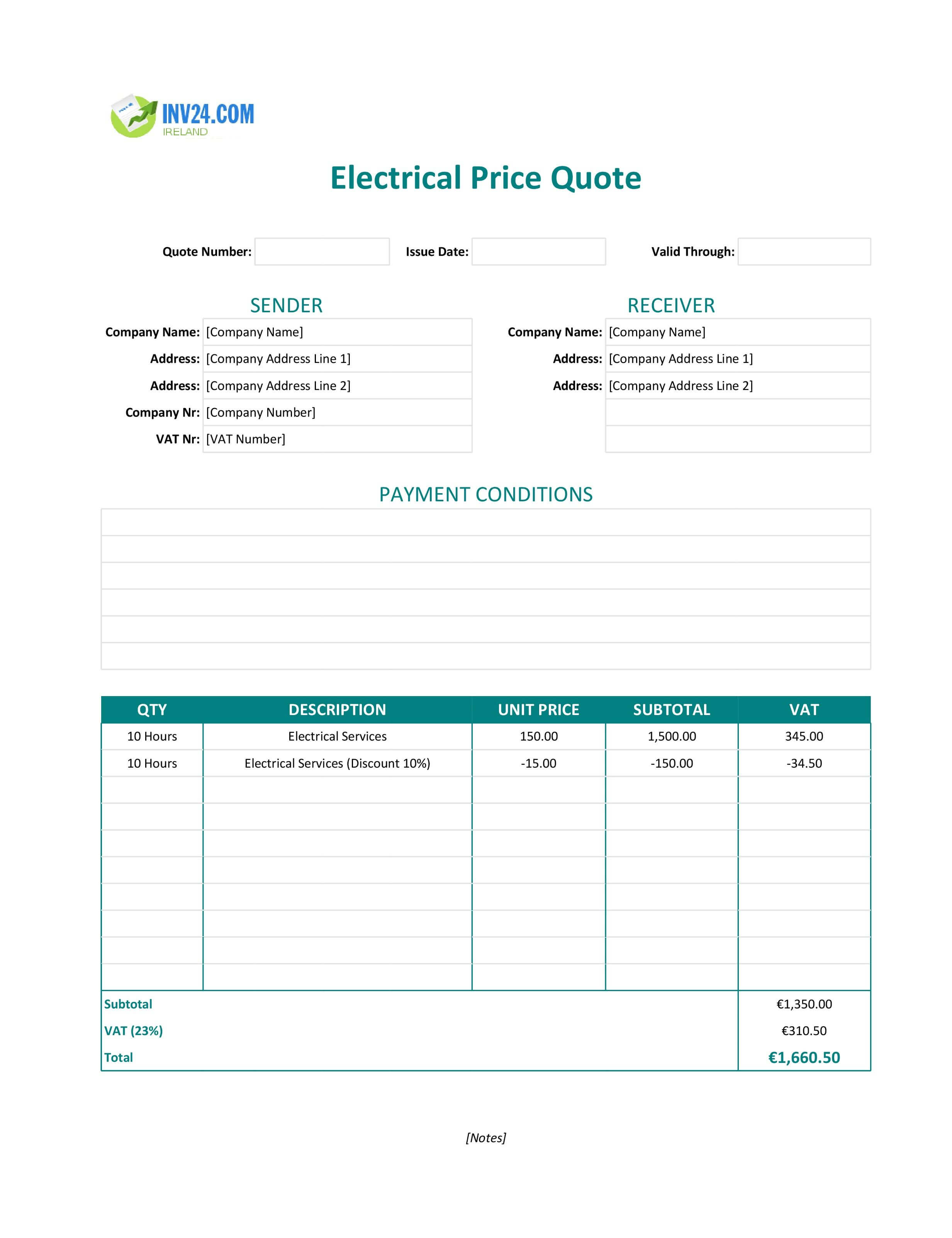 Electrical Quote Template for Ireland (Excel / Google Sheets)
