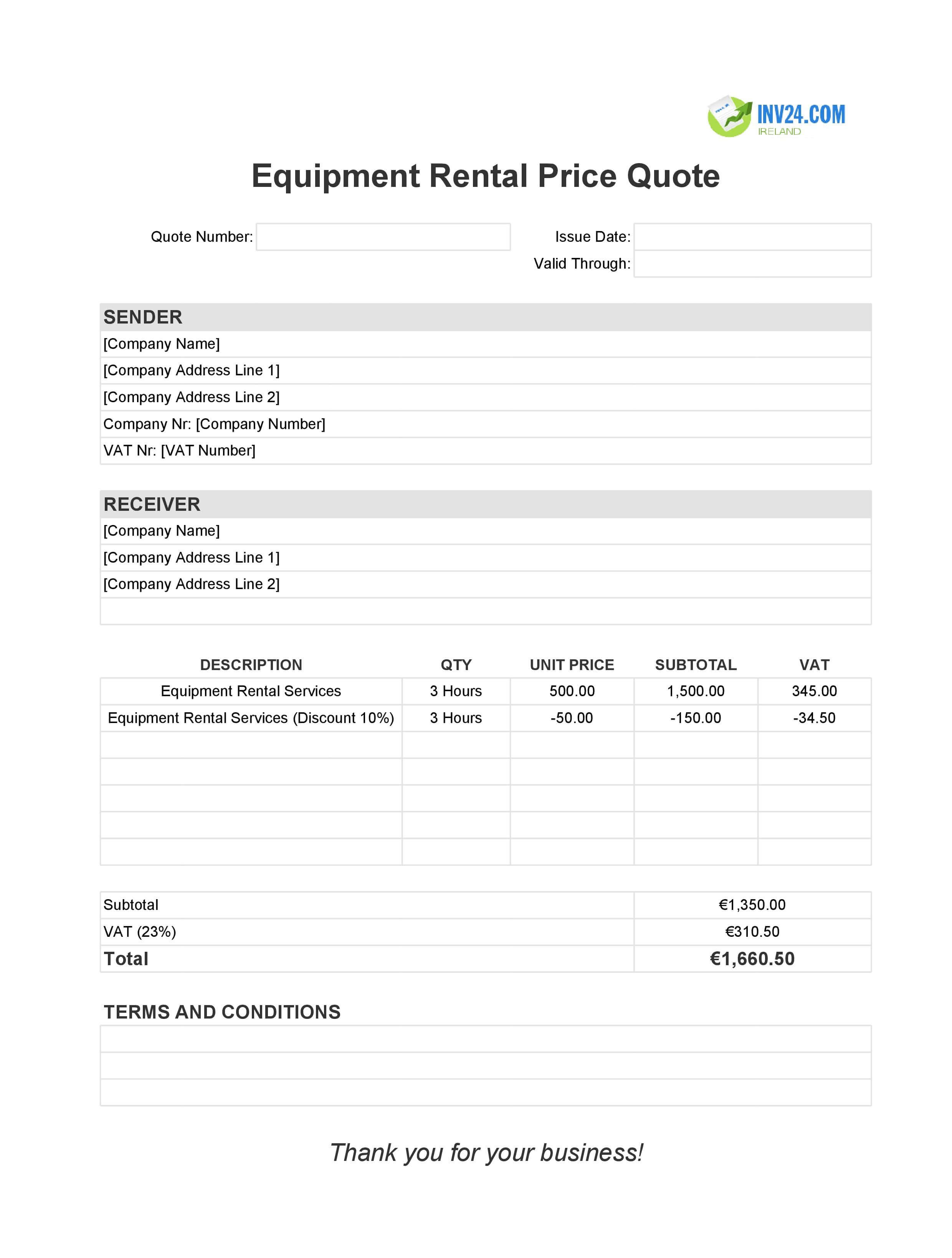 Equipment Rental Quote Template for Ireland (Excel / Google Sheets)