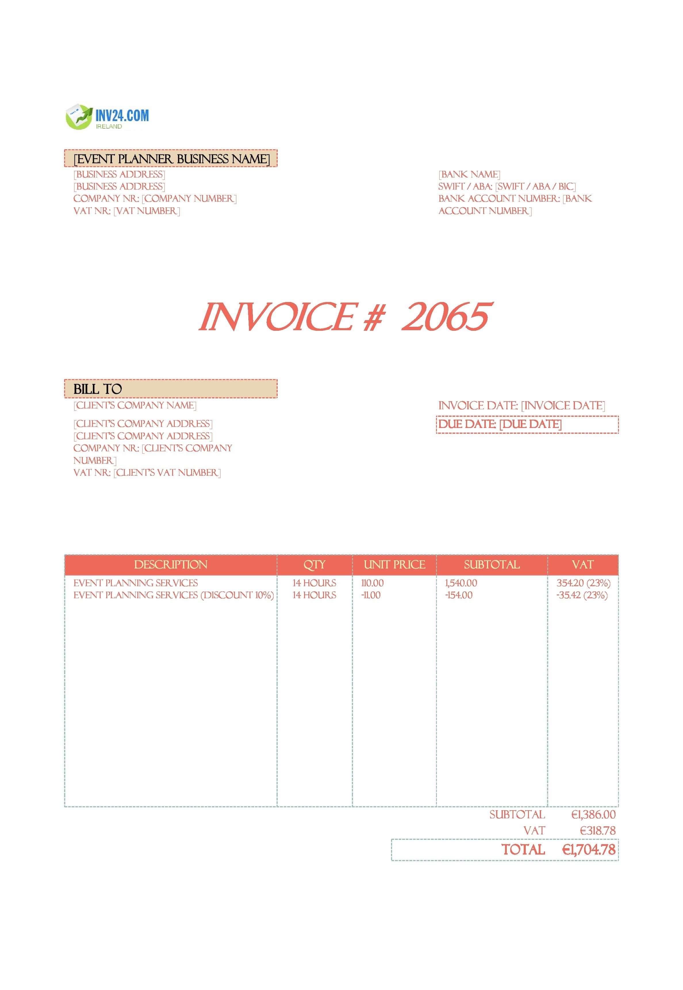 Event Planner Invoice Template for Ireland (Excel / Google Sheets) Event Planner Invoice Template for Ireland (Excel / Google Sheets)