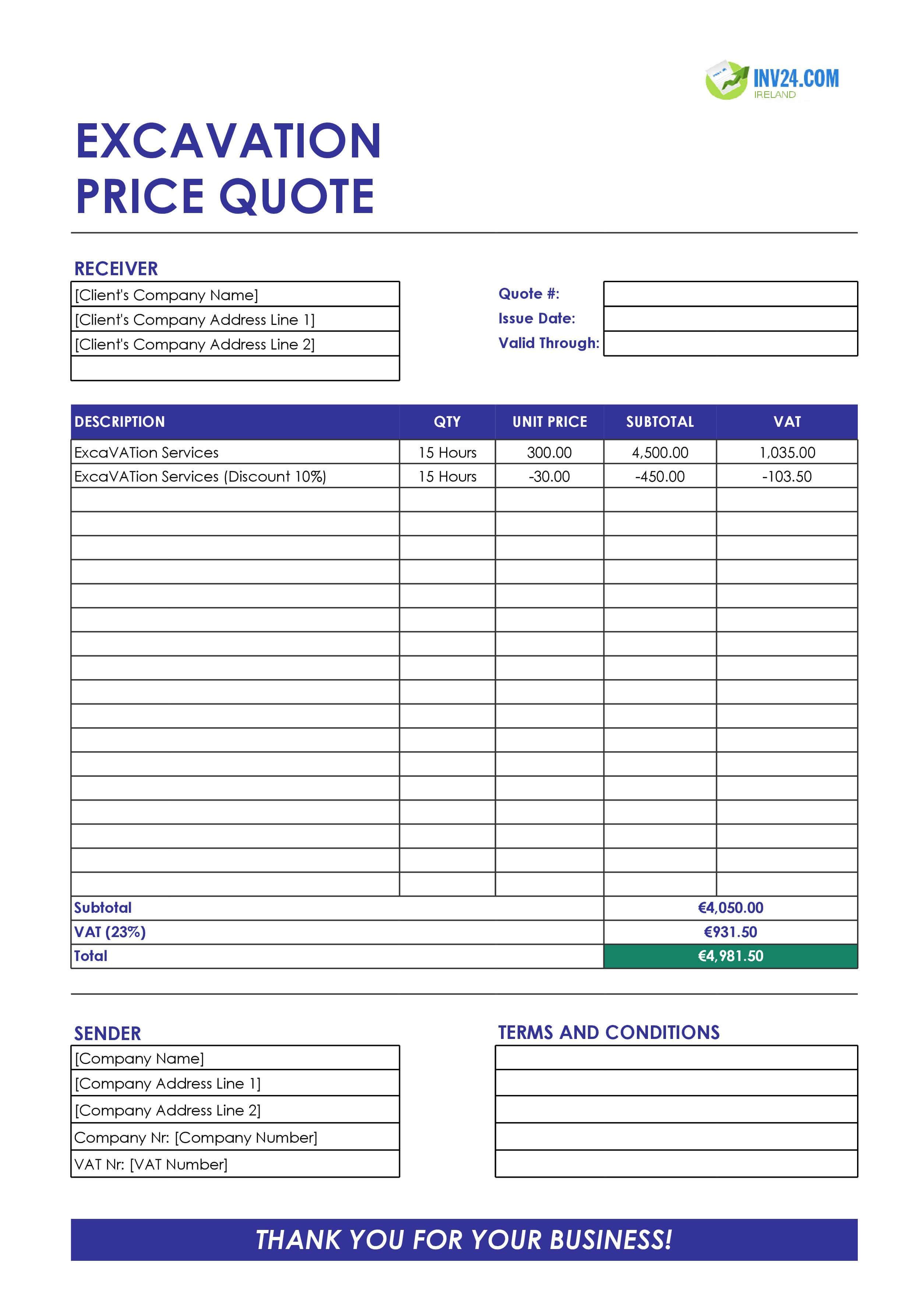 Excavation Quote Template for Ireland (Excel / Google Sheets)