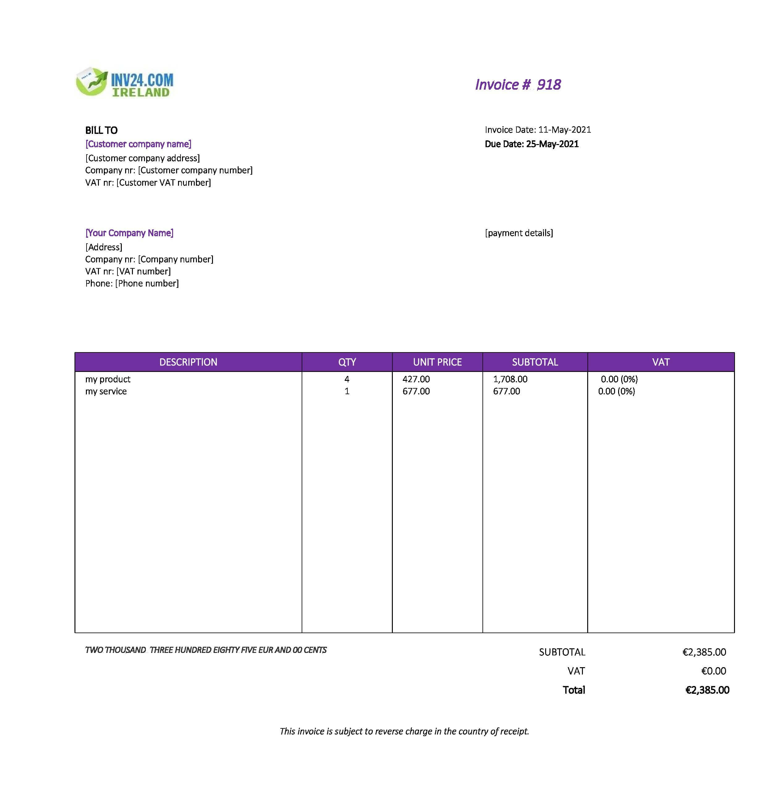 export invoice template ireland