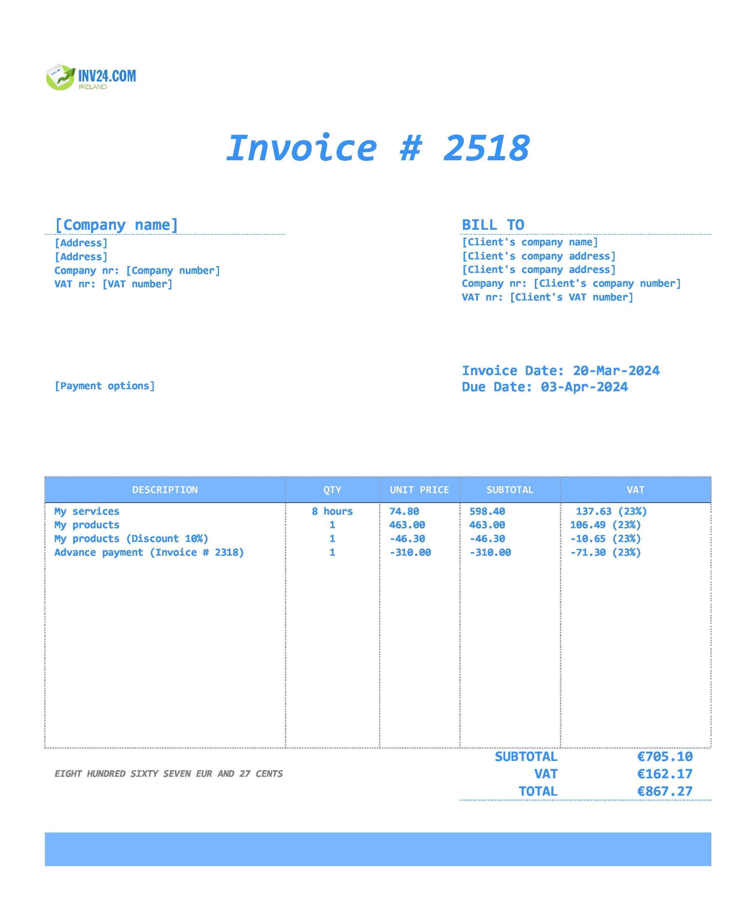 final invoice template Ireland