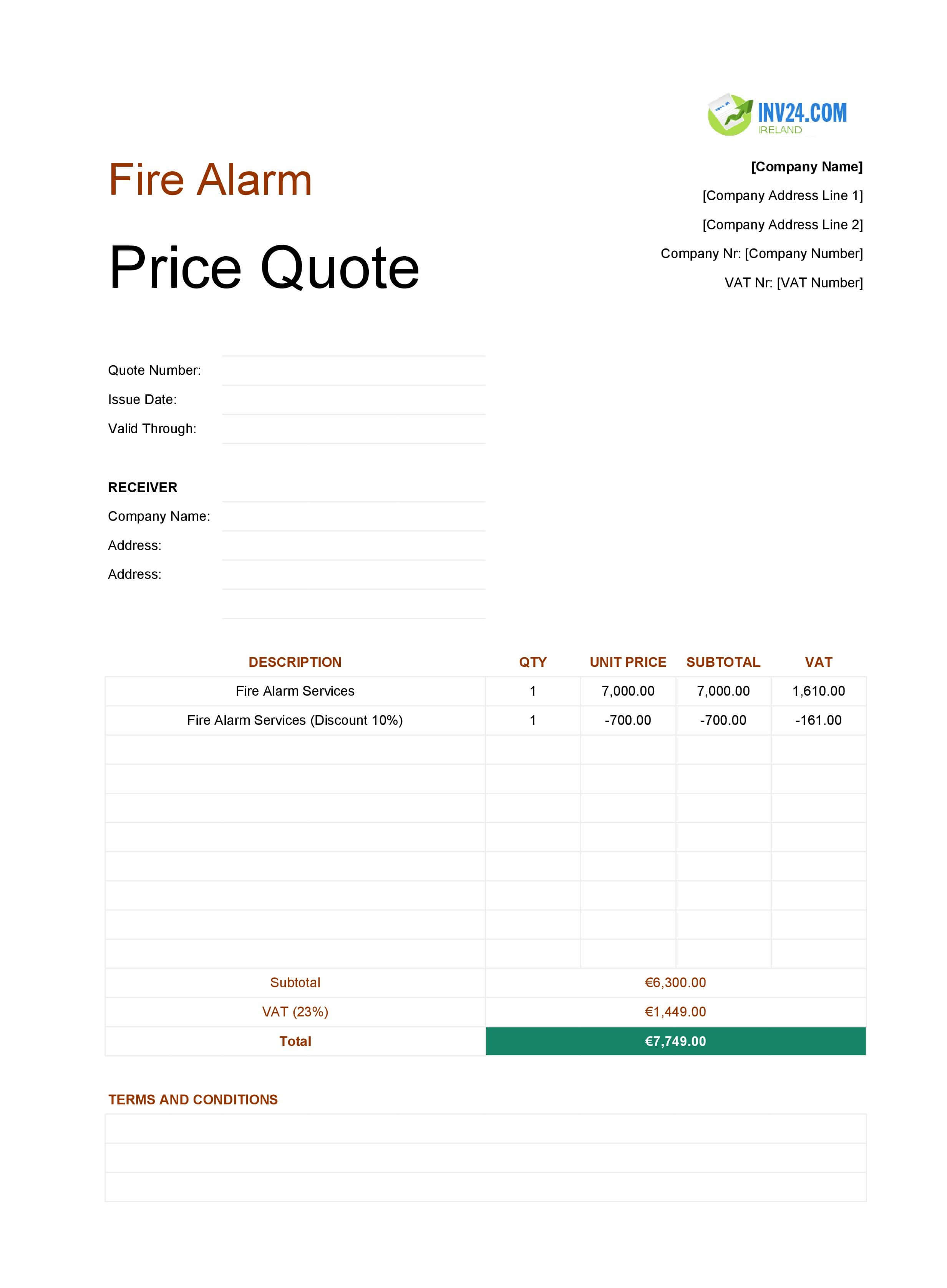 Fire Alarm Quote Template for Ireland (Excel / Google Sheets)