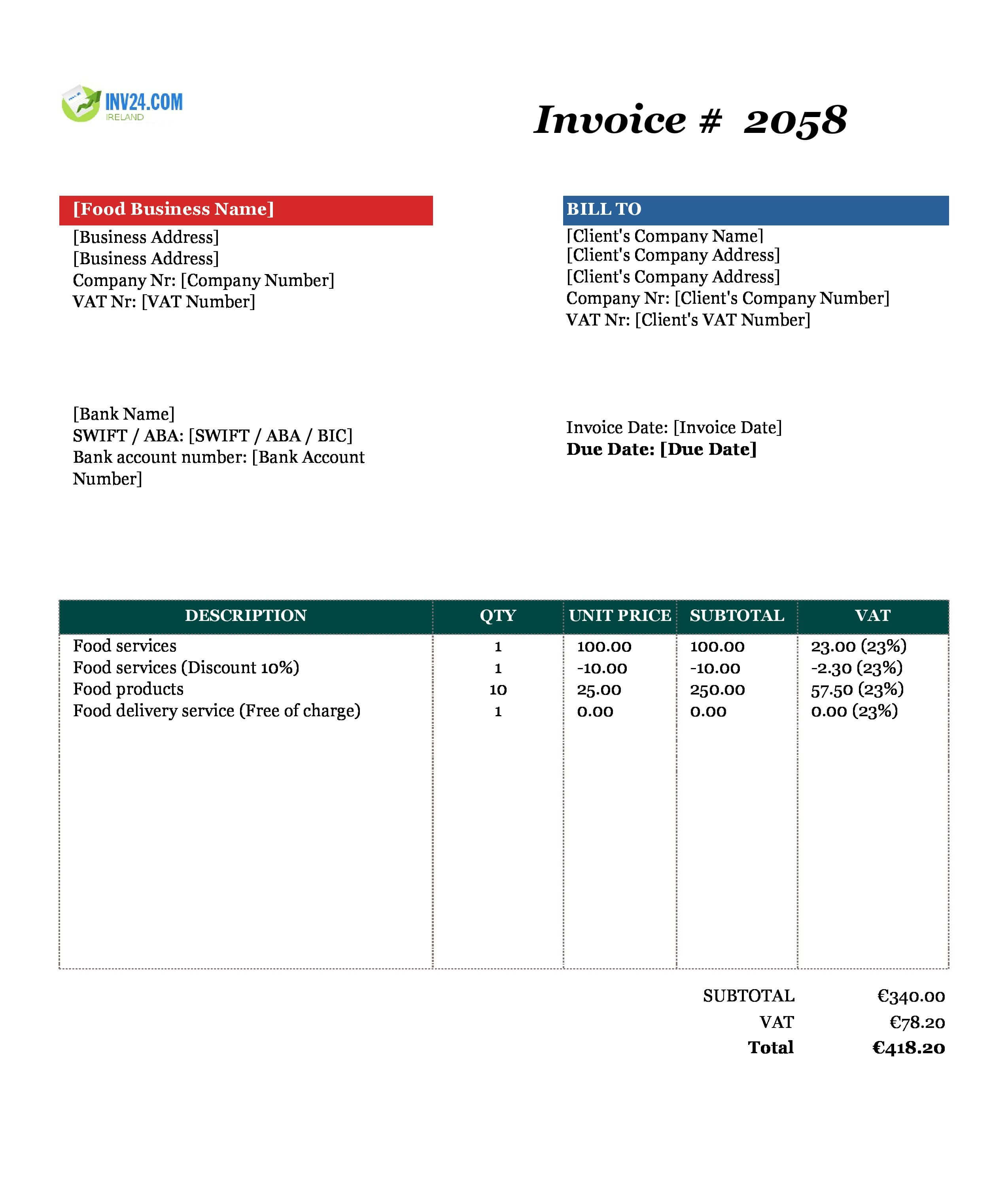 Food Invoice Template for Ireland (Excel / Google Sheets) Food Invoice Template for Ireland (Excel / Google Sheets)