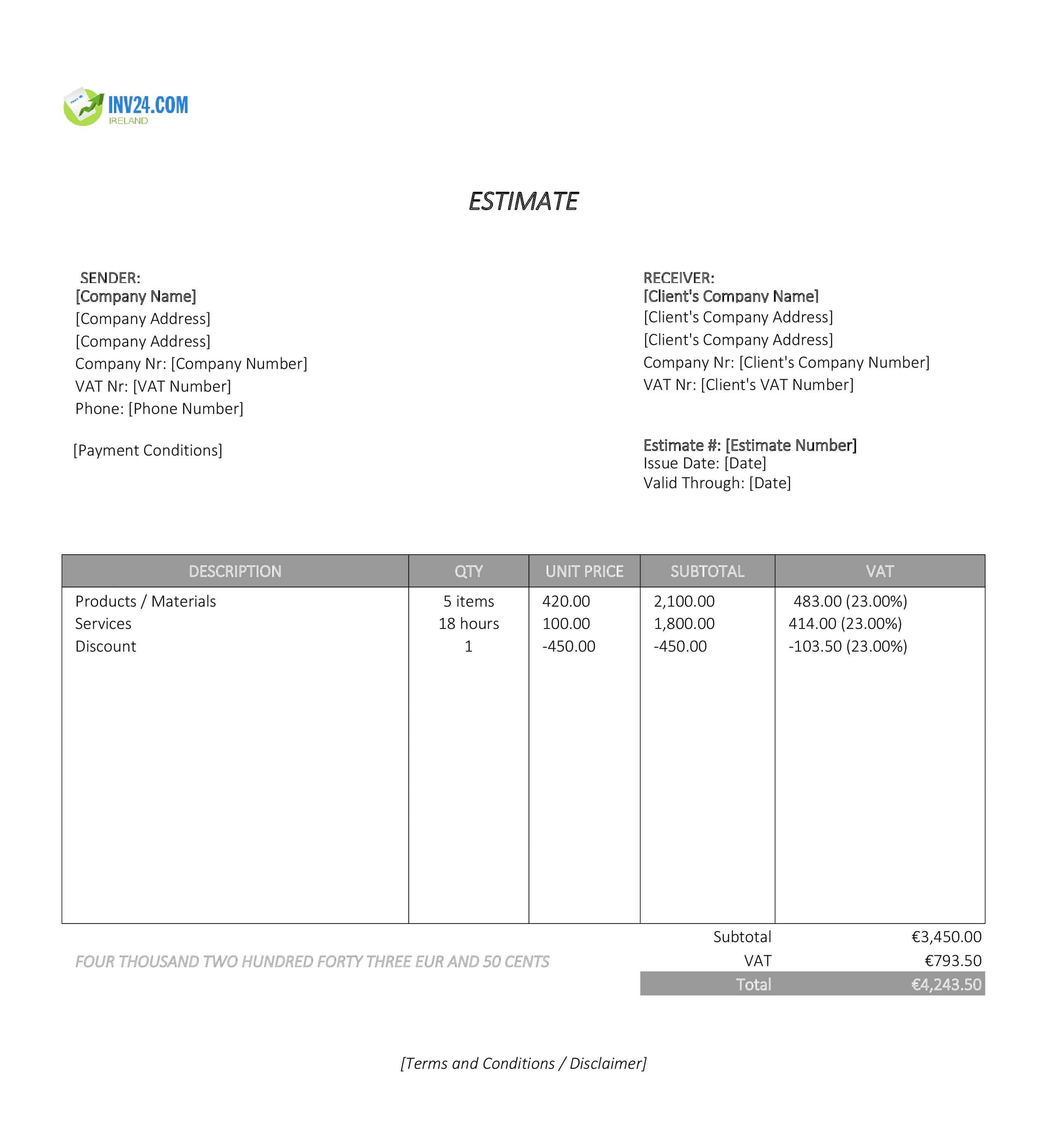 Formal Estimate Template for Ireland (Excel / Google Sheets)