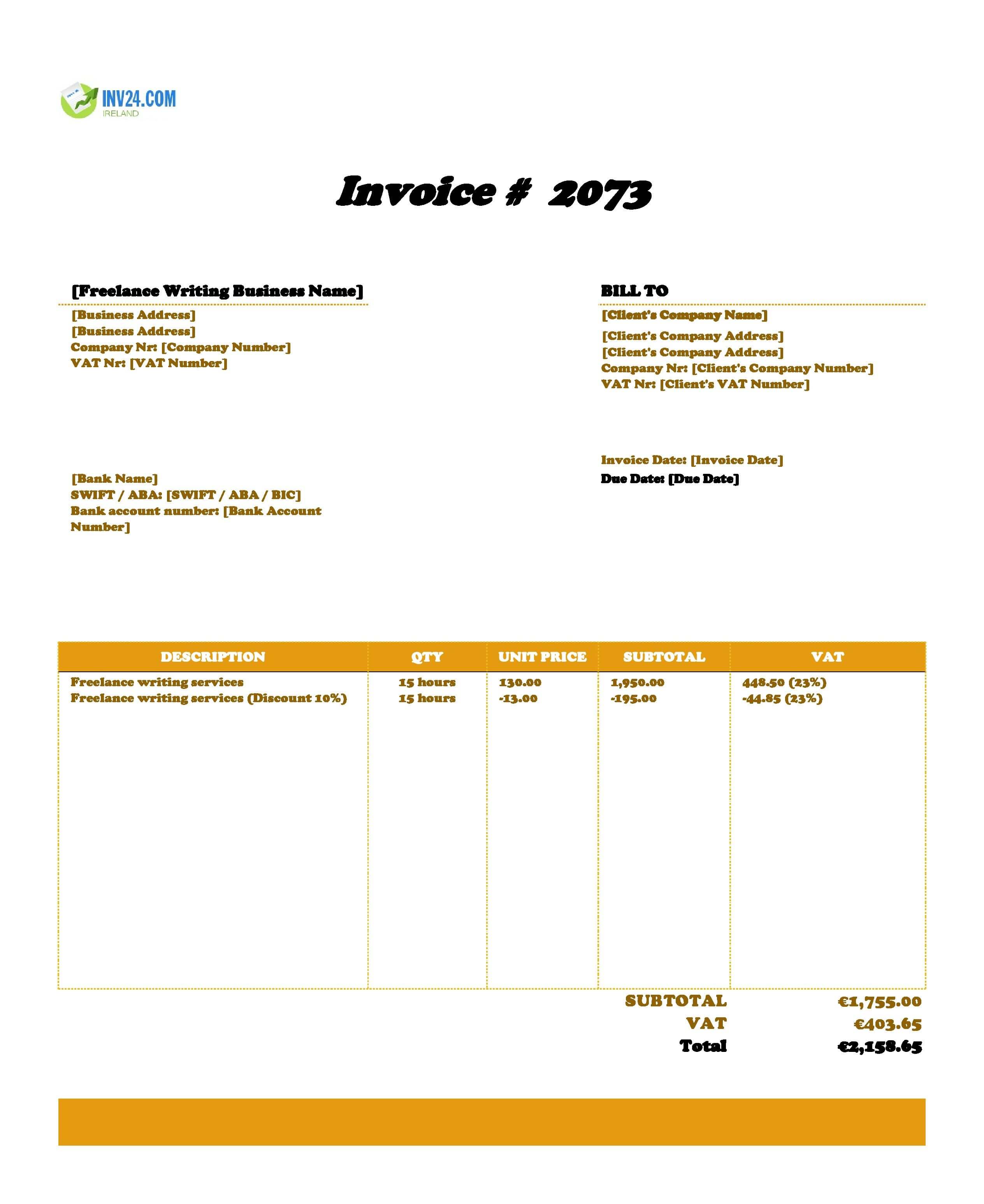 Freelance Writing Invoice Template for Ireland (Excel / Google Sheets)