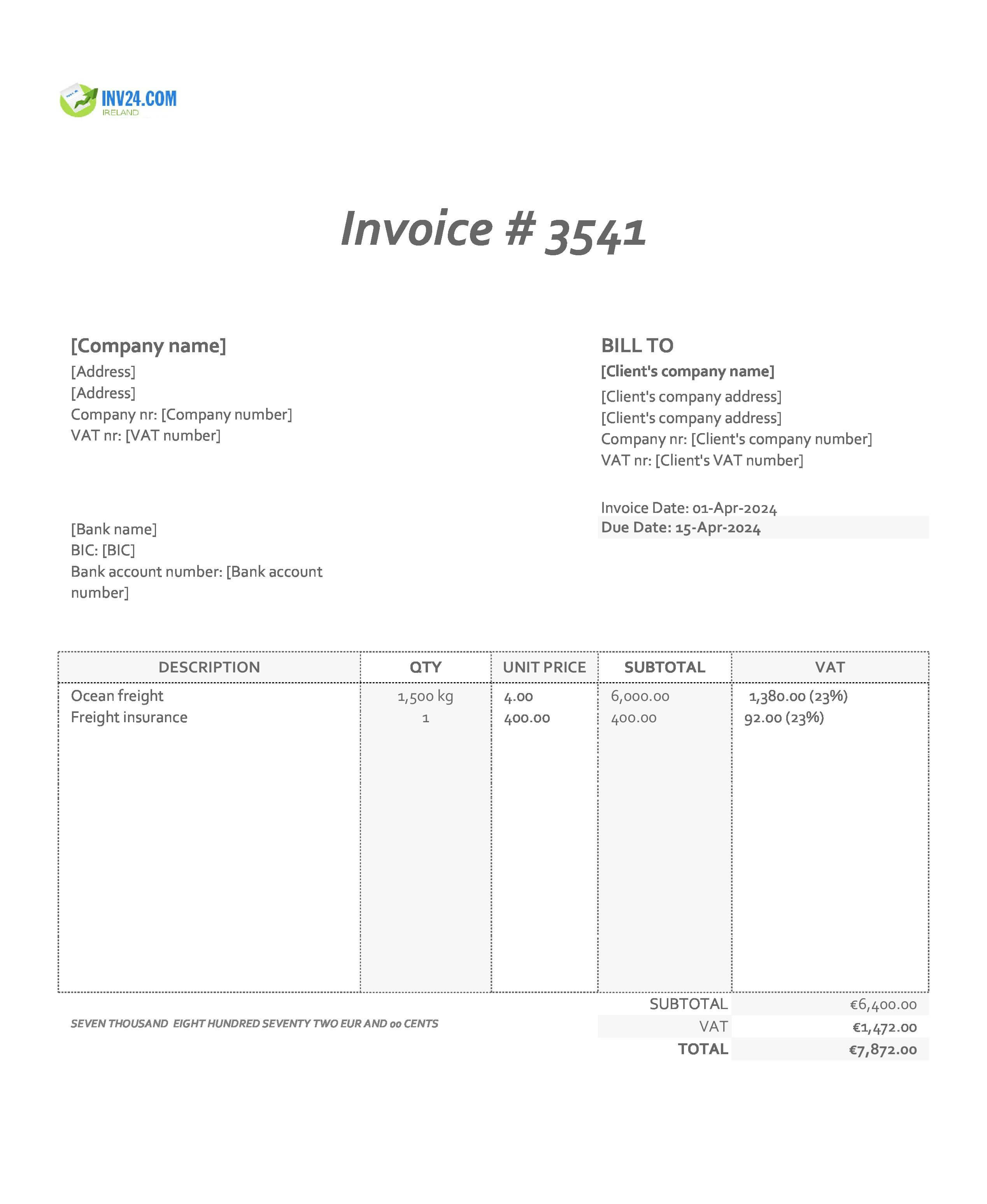 Freight Invoice Template Ireland (Excel / Google Sheets) Freight Invoice Template Ireland (Excel / Google Sheets)