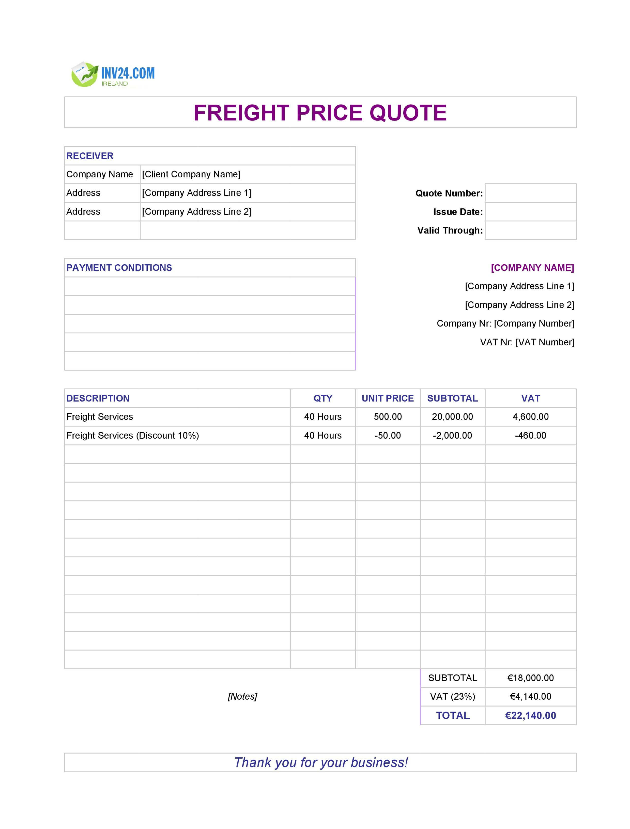 Freight Quote Template for Ireland (Excel / Google Sheets)