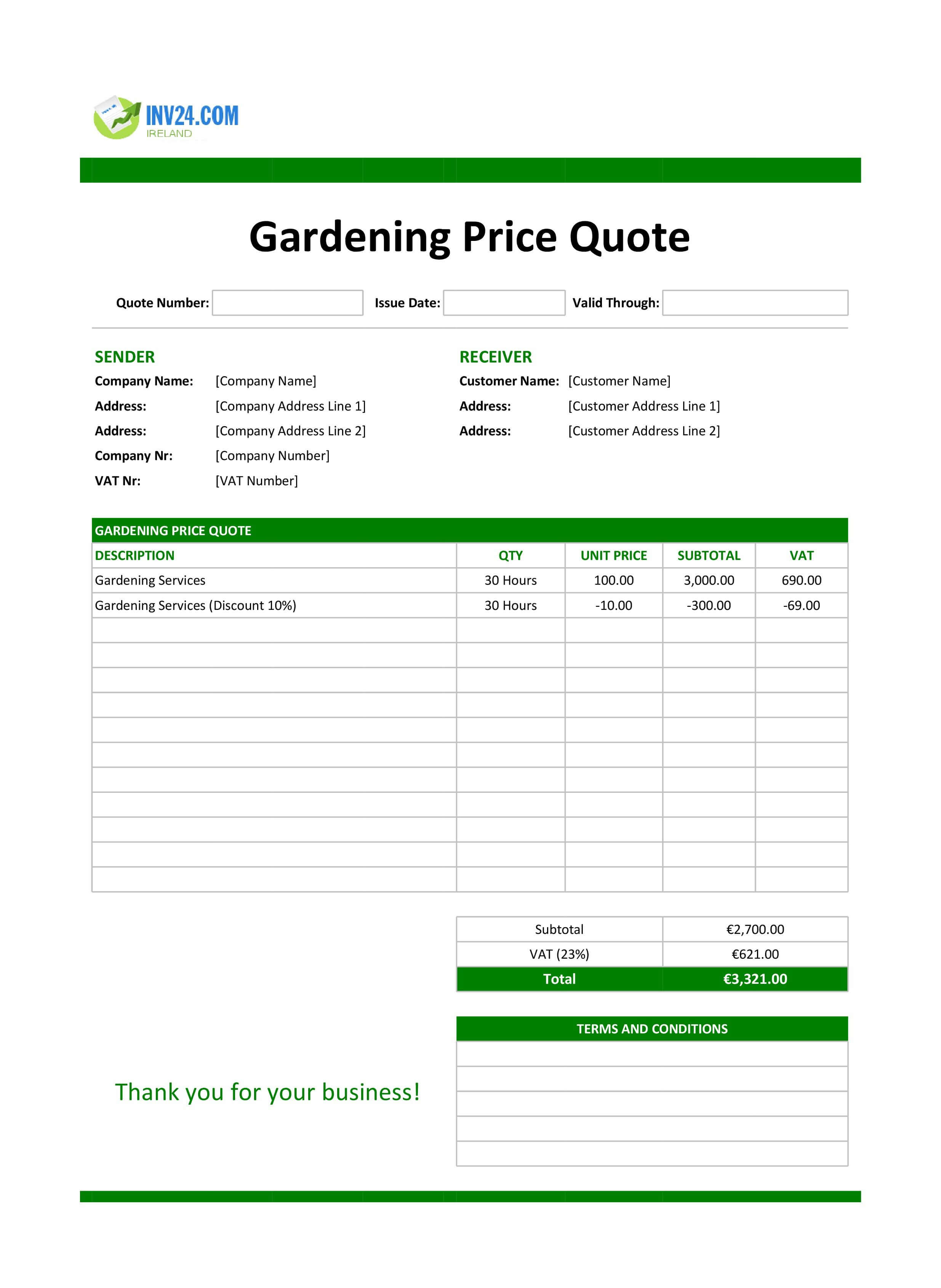 Gardening Quote Template for Ireland (Excel / Google Sheets)