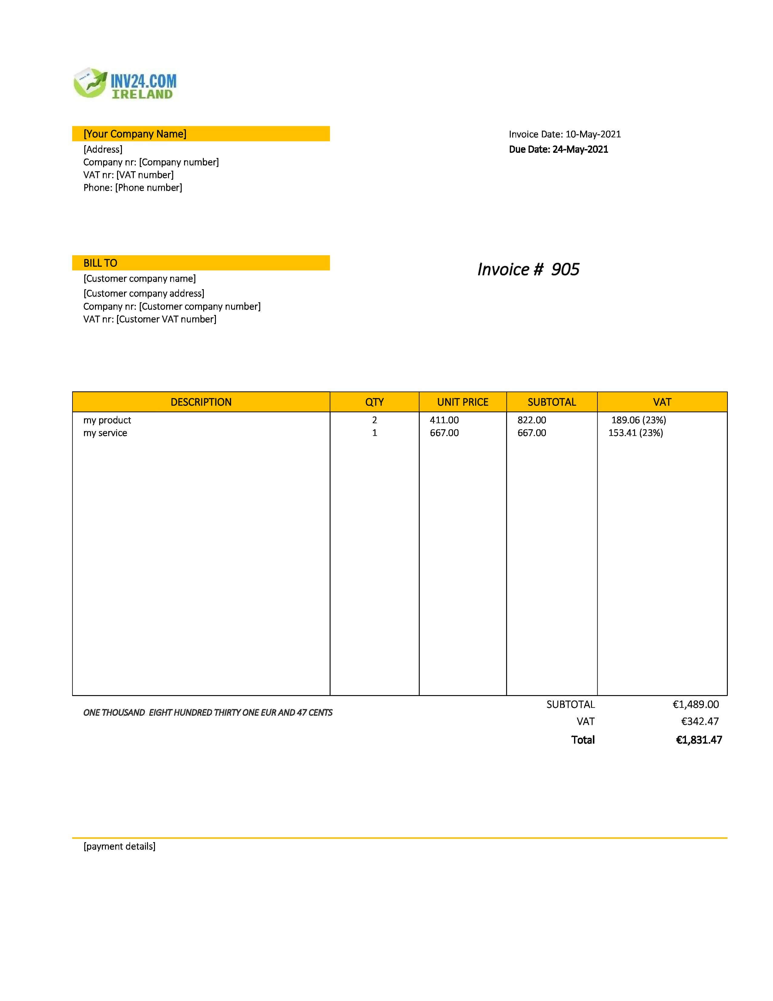Generic Invoice Template Ireland (Excel / Google Sheets)