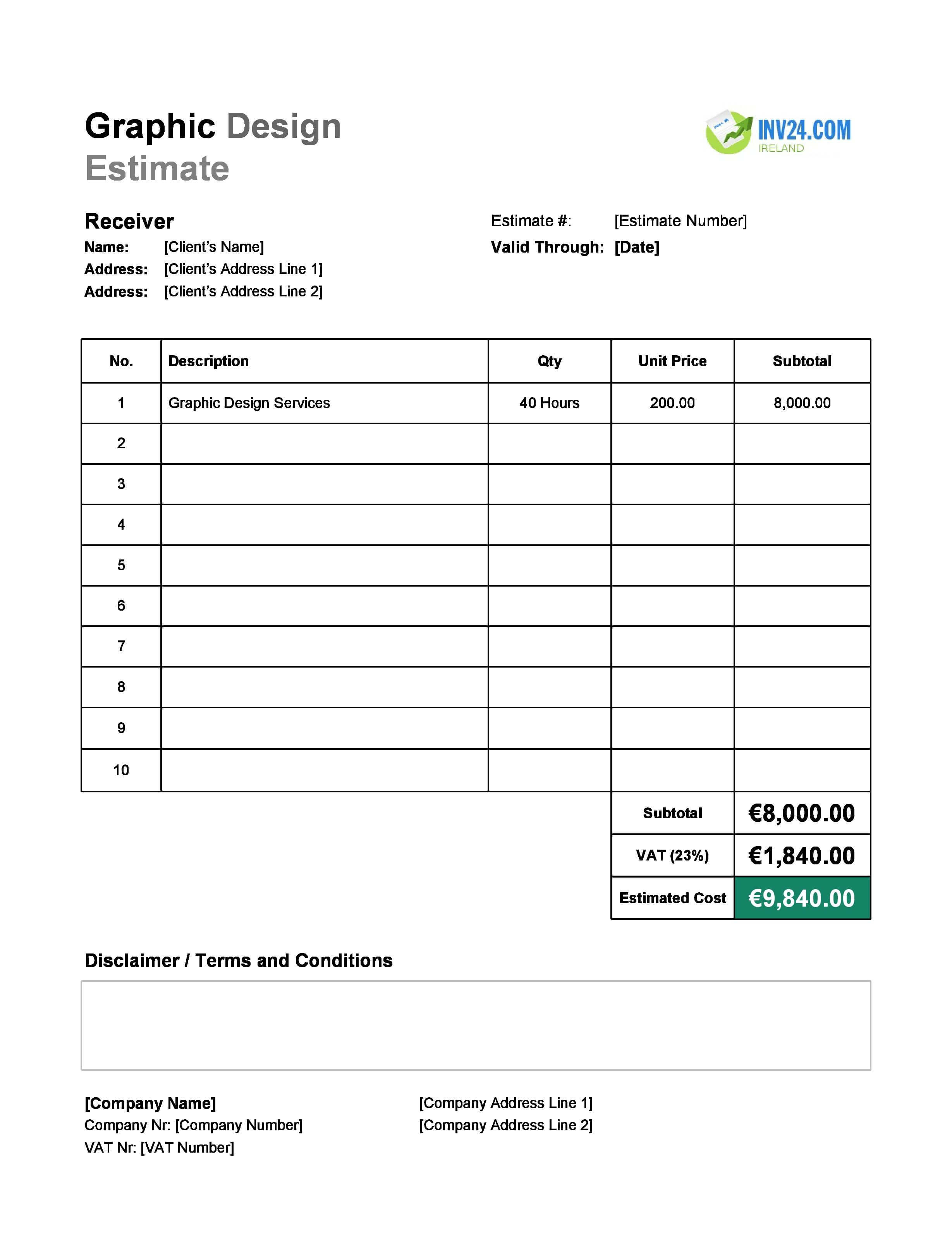 Graphic Design Estimate Template for Ireland (Excel / Google Sheets)