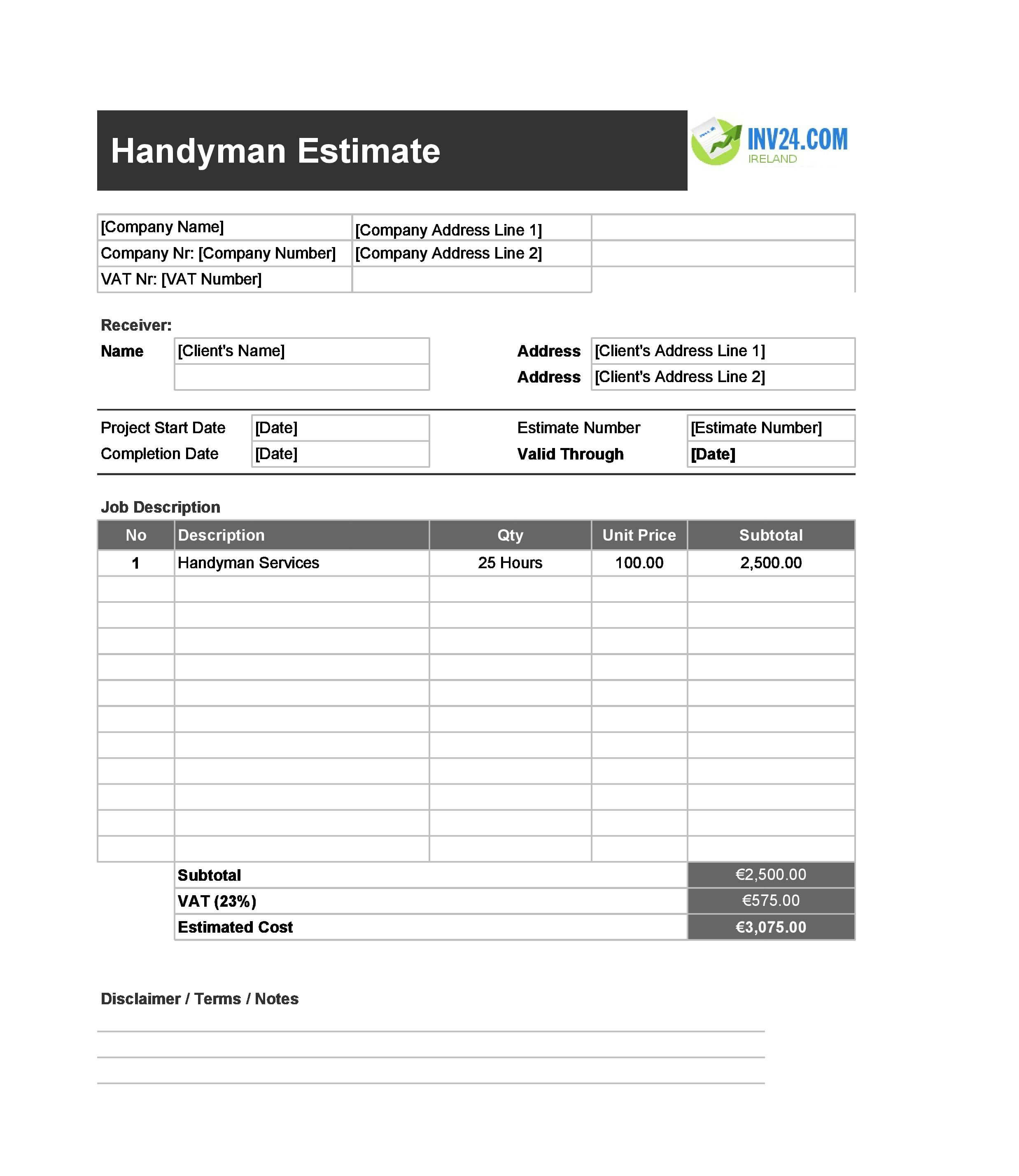 Handyman Estimate Template for Ireland (Excel / Google Sheets)