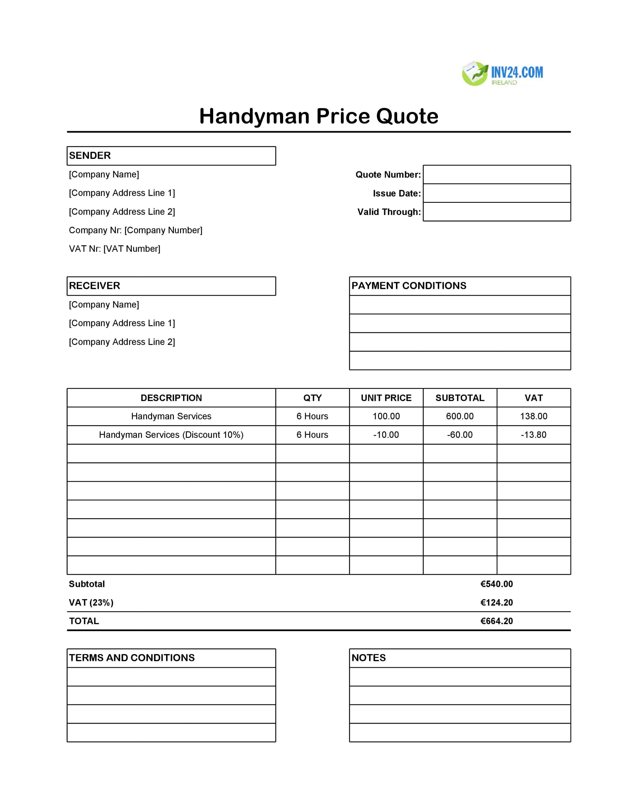 Handyman Quote Template for Ireland (Excel / Google Sheets)