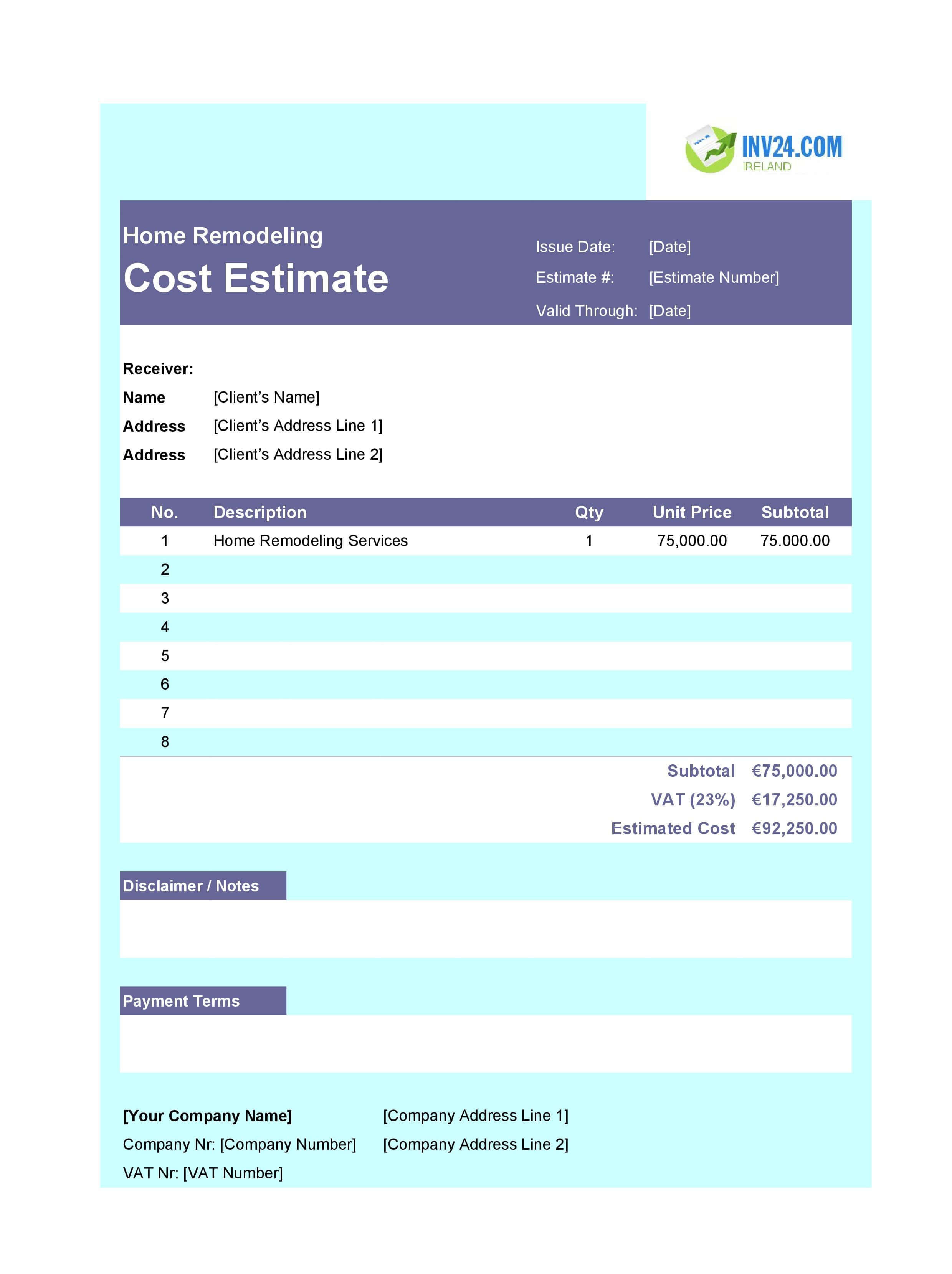 Home Remodeling Cost Estimate Template for Ireland (Excel / Google Sheets)