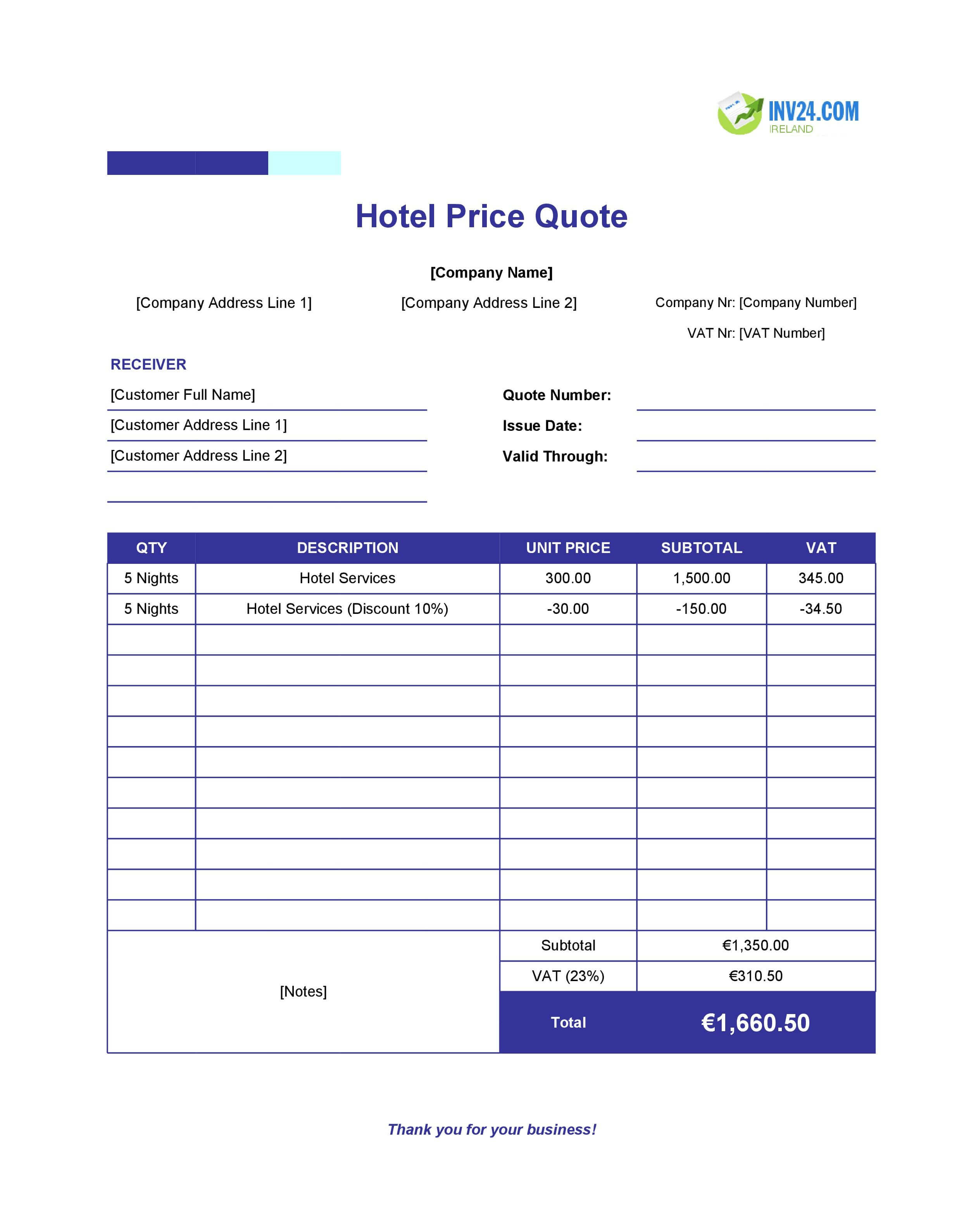 Hotel Quote Template for Ireland (Excel / Google Sheets)
