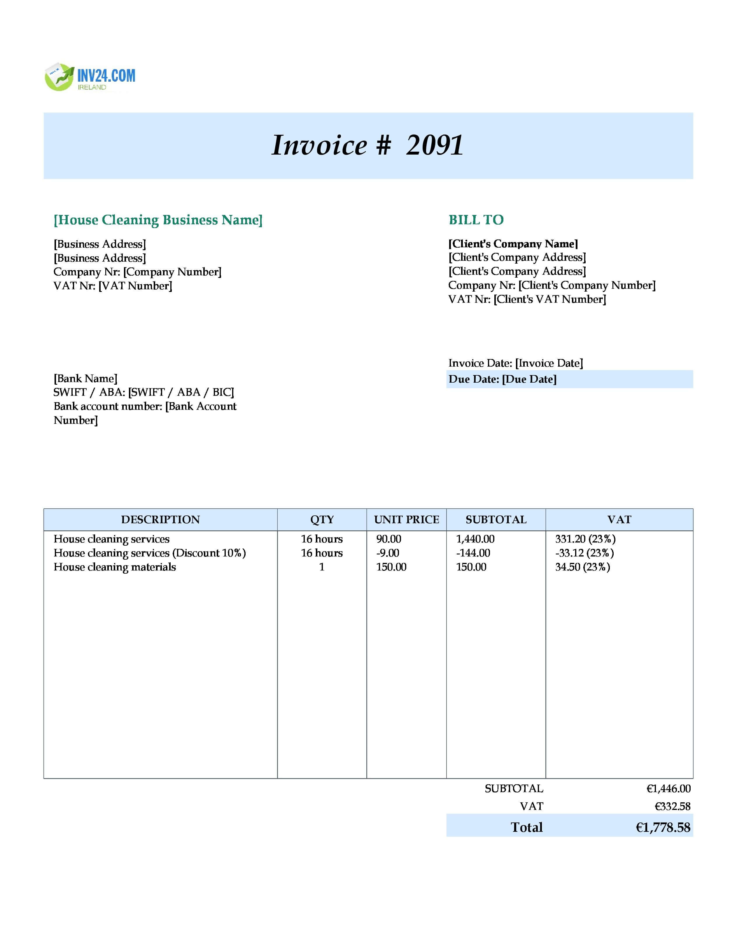 House Cleaning Invoice Template for Ireland (Excel / Google Sheets) House Cleaning Invoice Template for Ireland (Excel / Google Sheets)