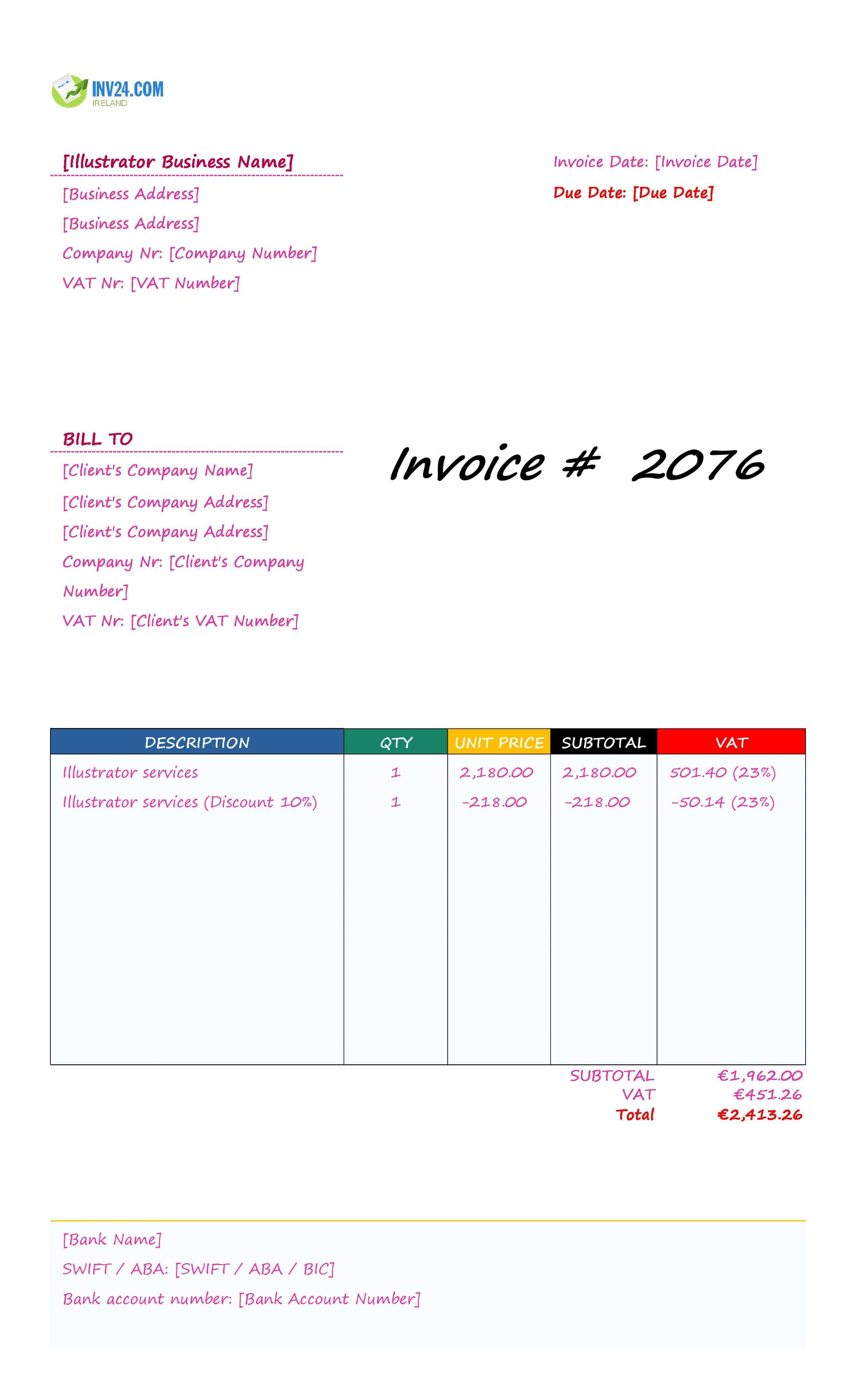 Illustrator Invoice Template for Ireland (Excel / Google Sheets)