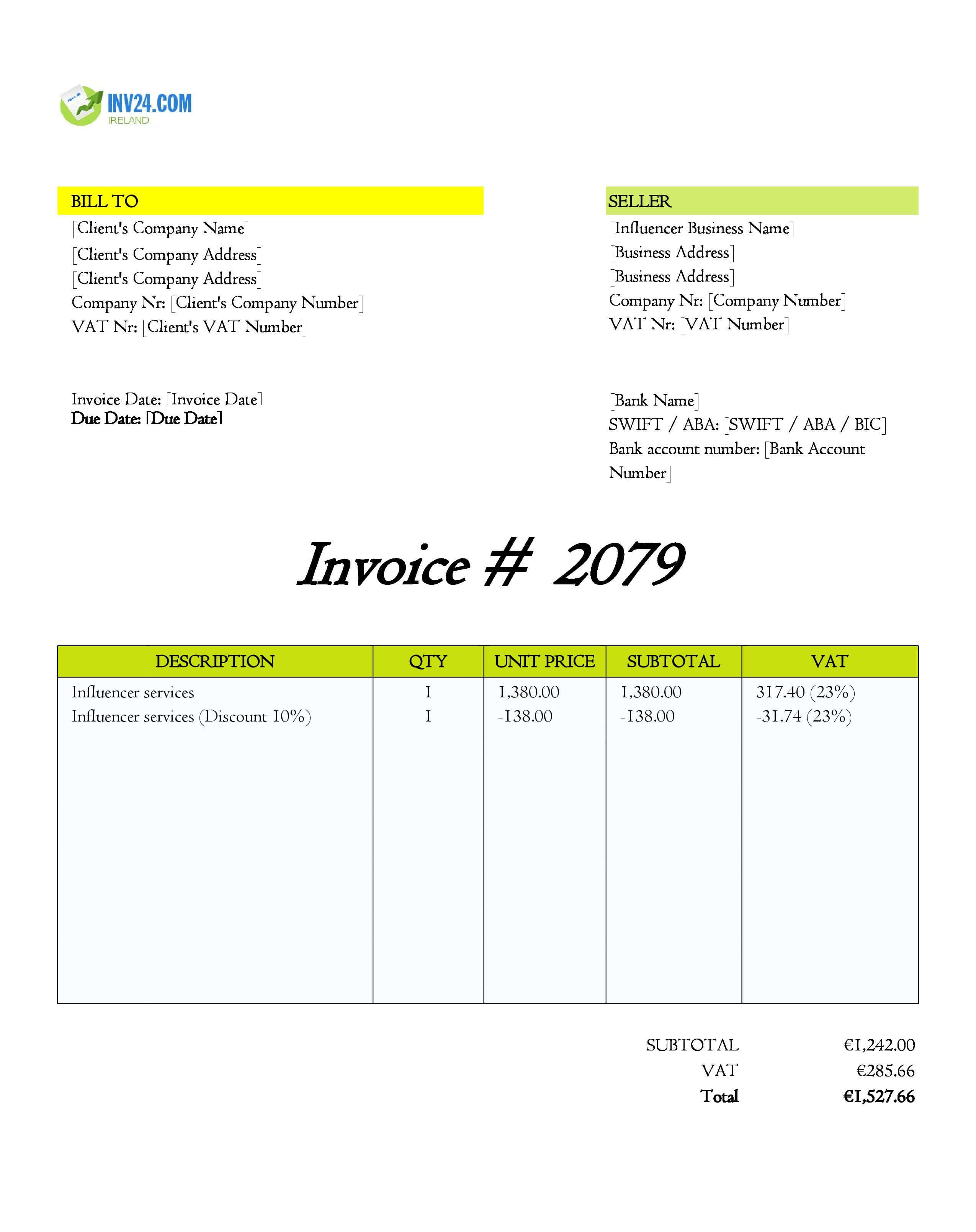 Influencer Invoice Template for Ireland (Excel / Google Sheets)