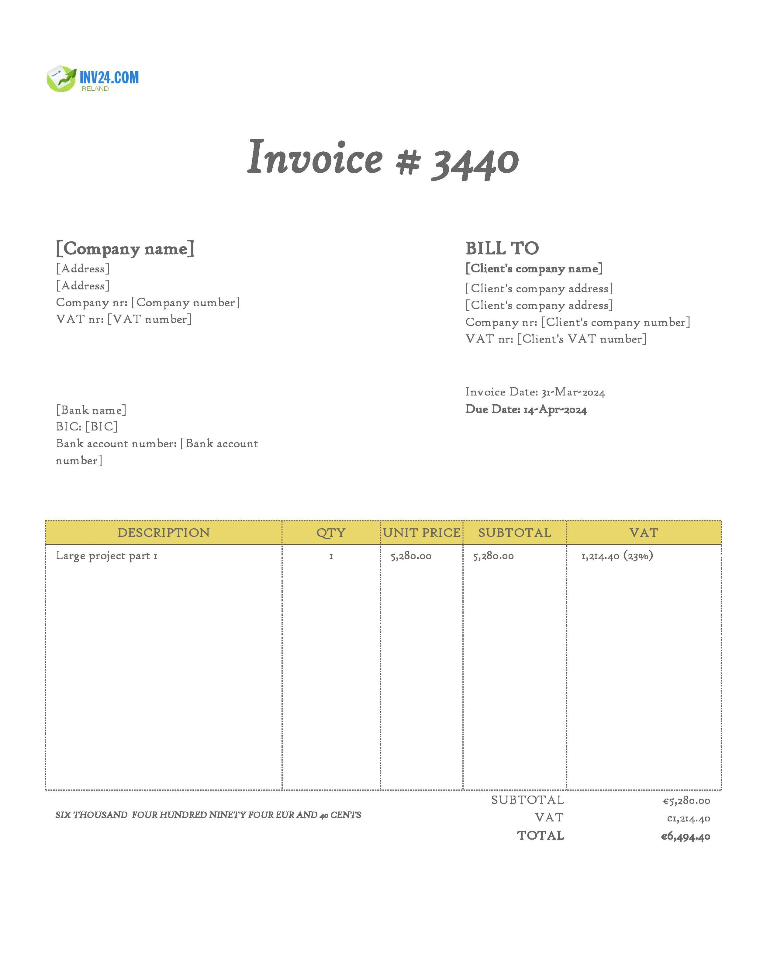 Interim Invoice Template Ireland (Excel / Google Sheets)