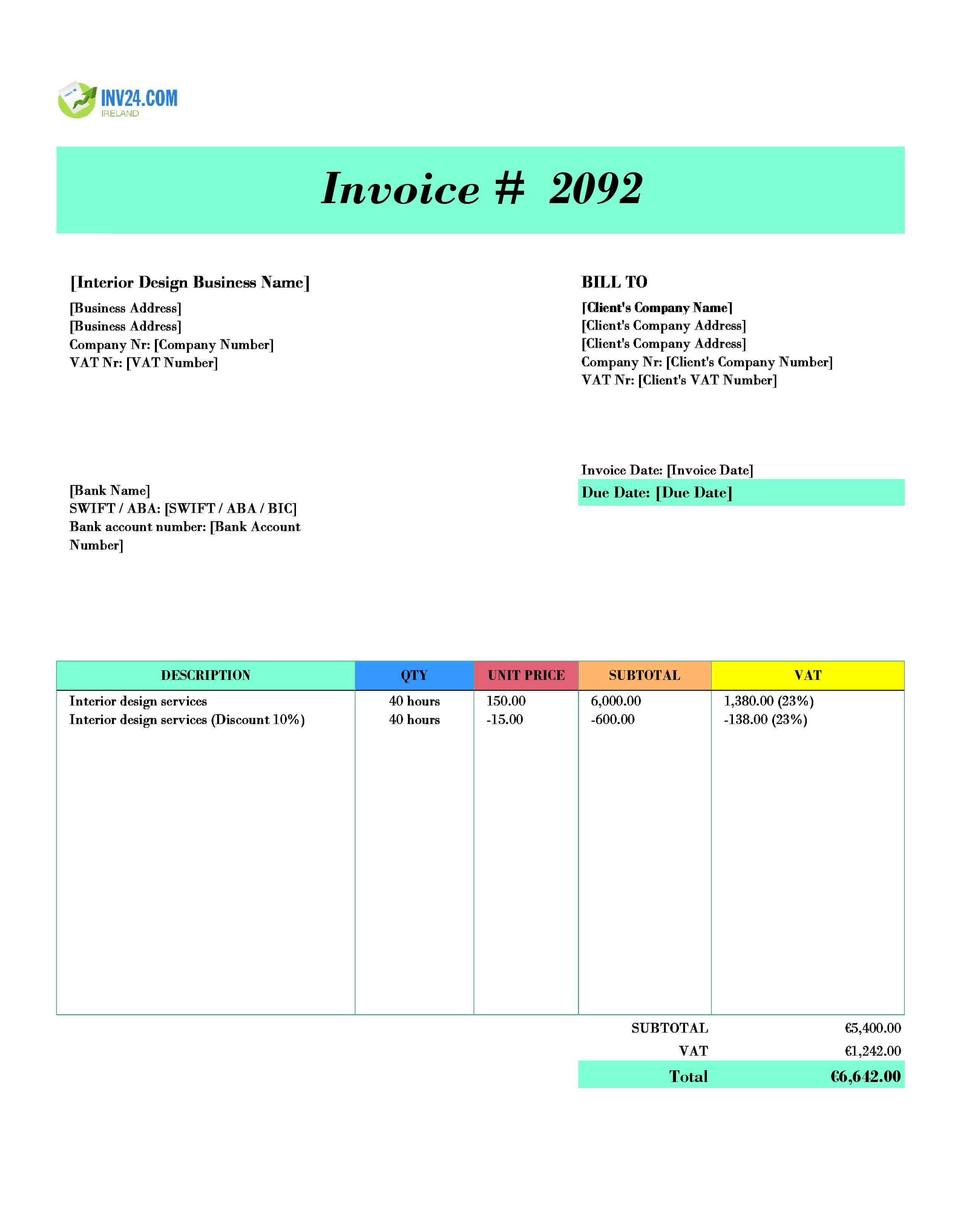 Interior Design Invoice Template for Ireland (Excel / Google Sheets)