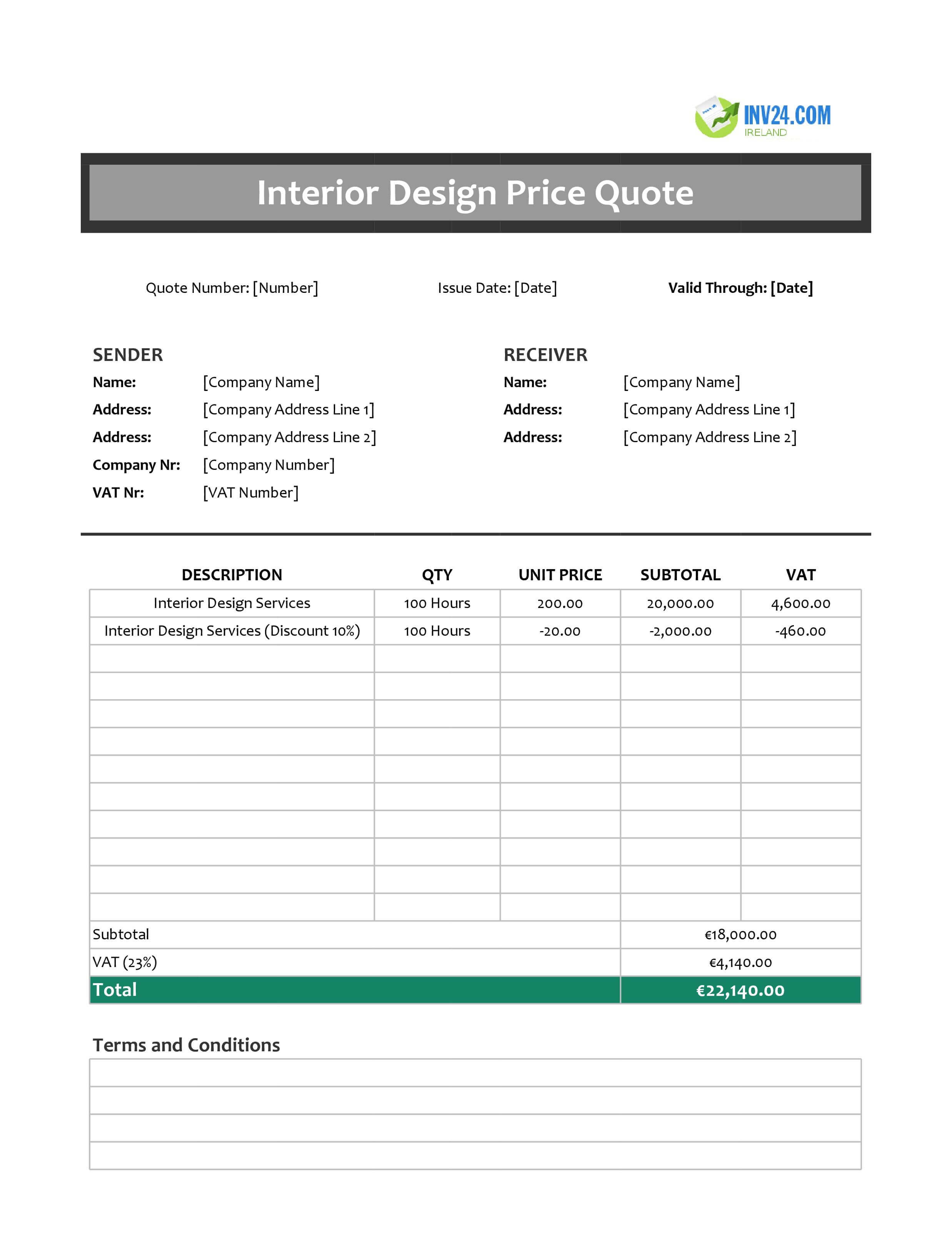 Interior Design Quote Template for Ireland (Excel / Google Sheets)