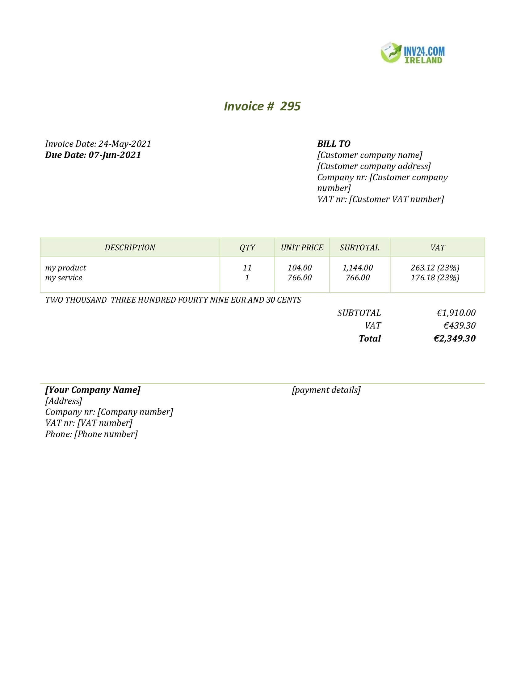 Invoice Example Ireland (Word / Google Docs)