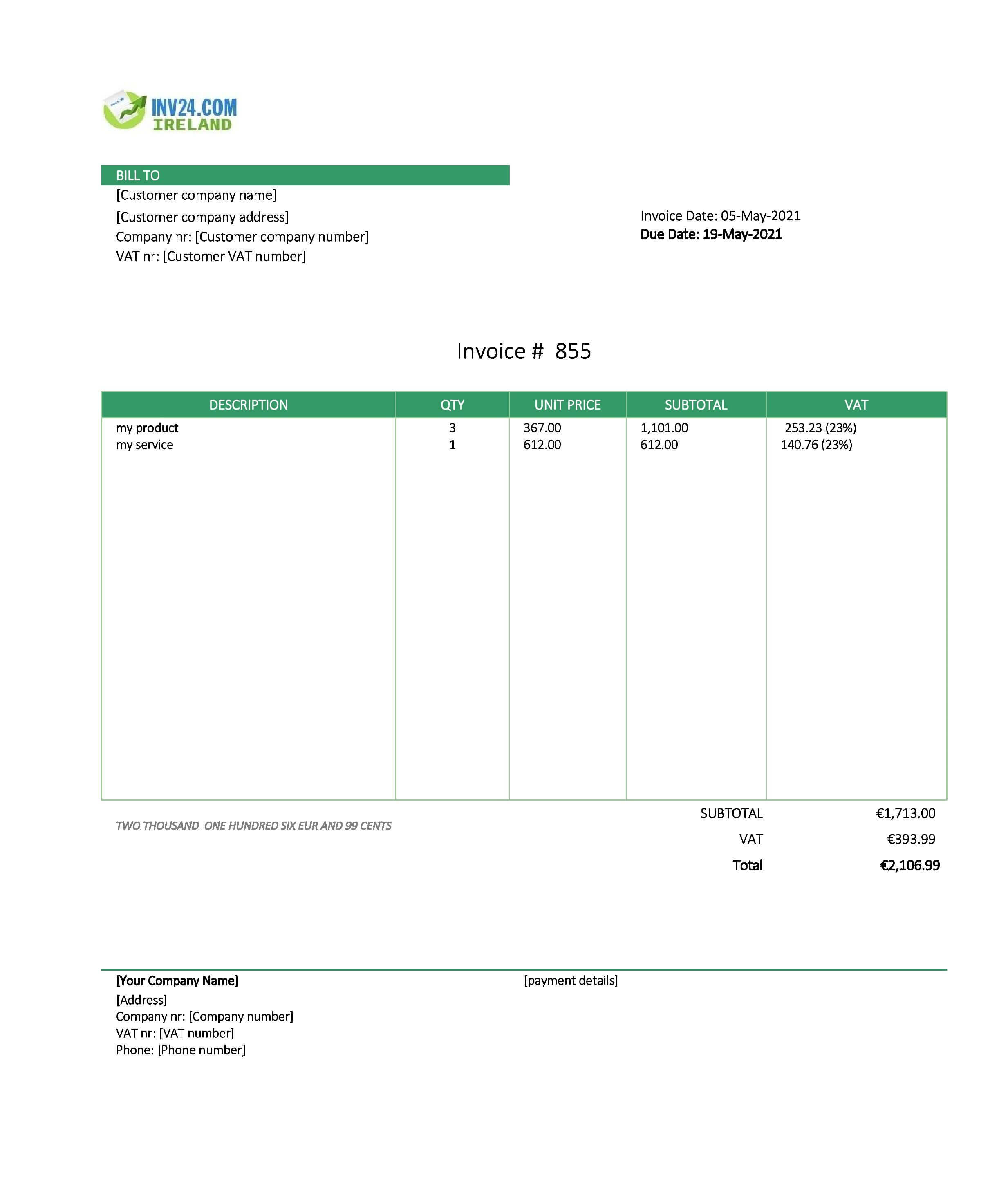 Invoice Model Ireland (Excel / Google Sheets)