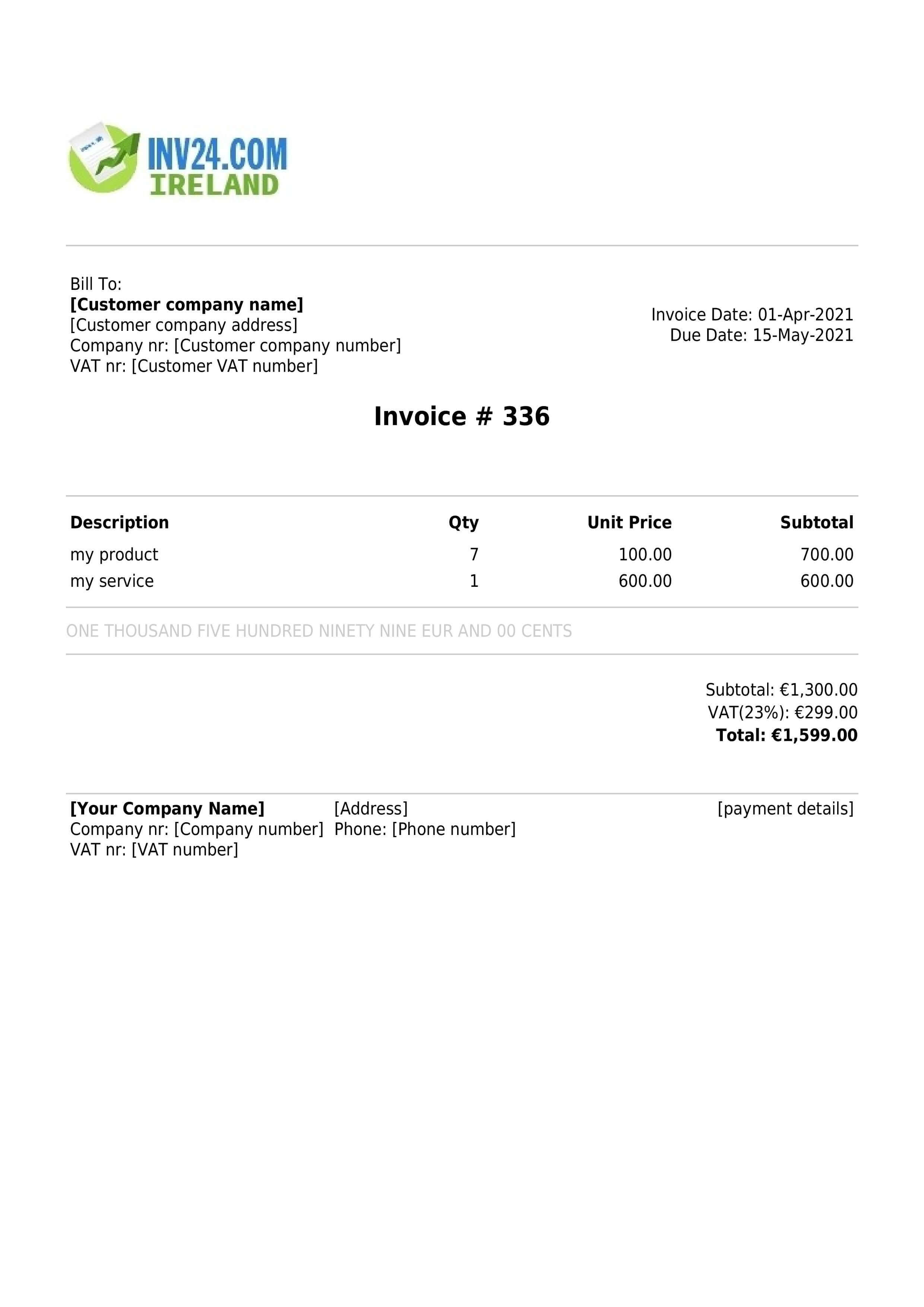 An Irish invoice sample with mandatory and optional fields