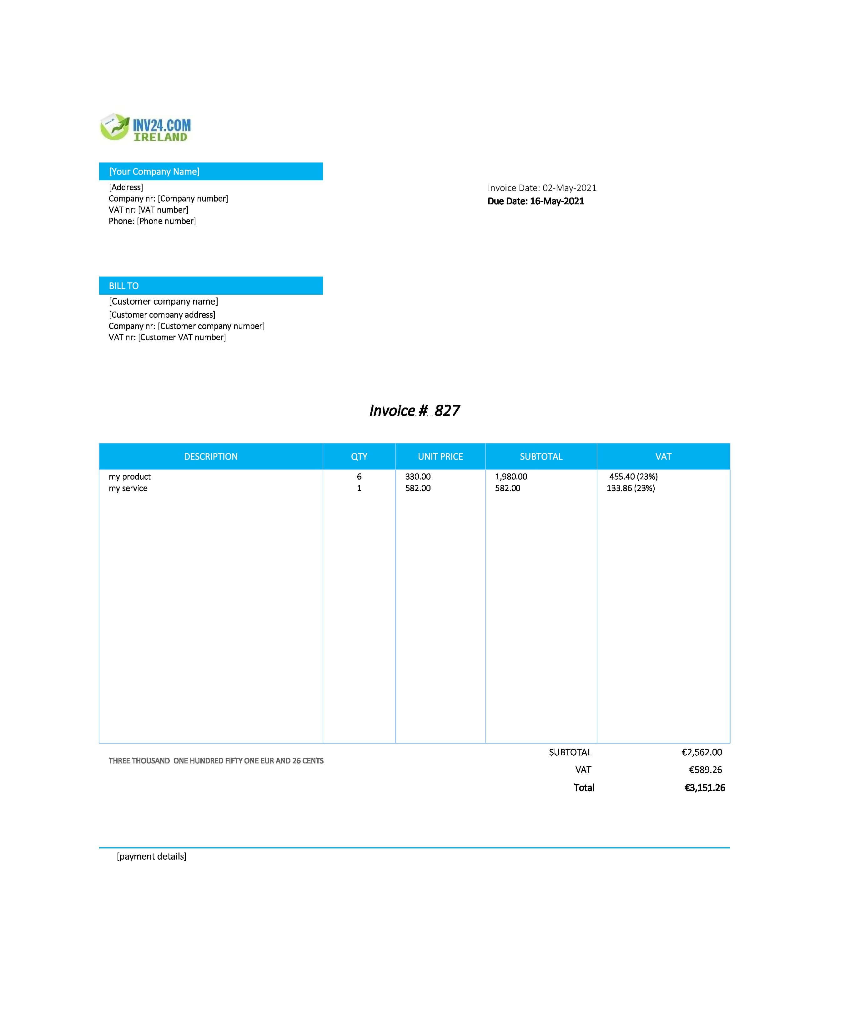 irish invoice template xls