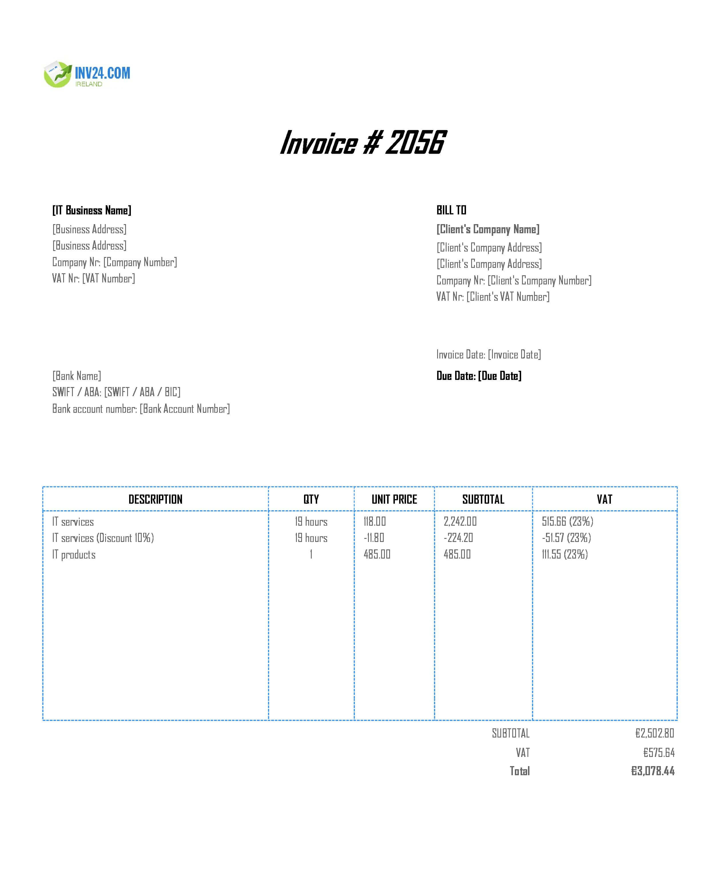 IT Invoice Template for Ireland (Excel / Google Sheets)