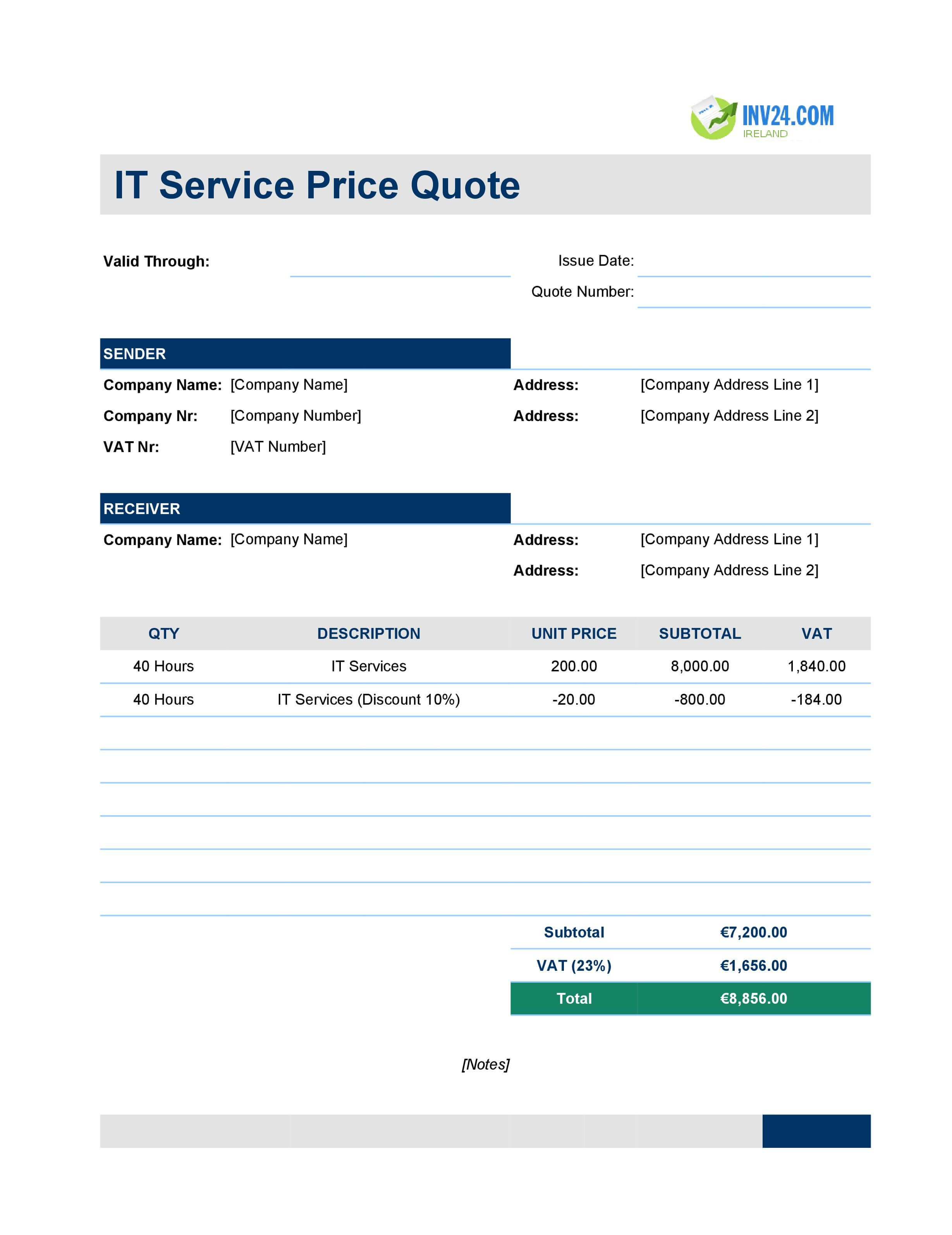 IT Quote Template for Ireland (Excel / Google Sheets)