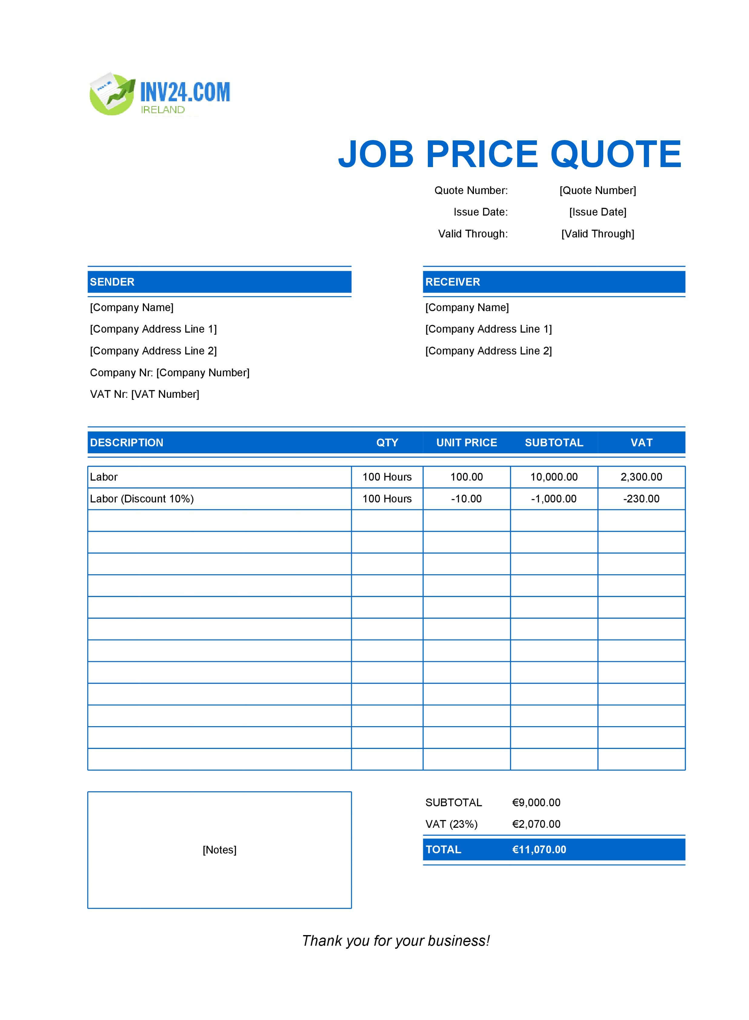 Job Quote Template Sheets for Ireland (Excel / Google Sheets)