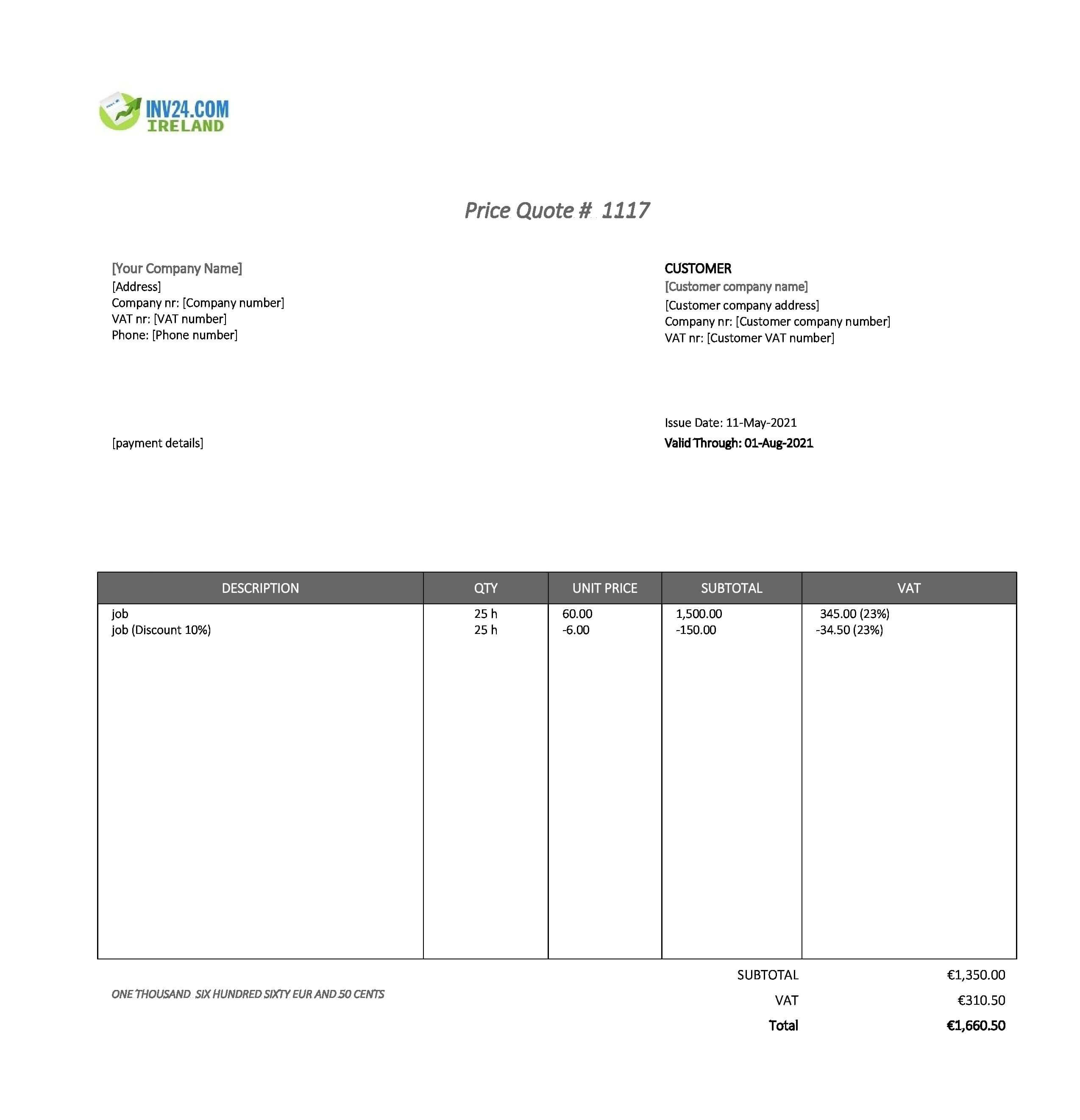 Job Quote Template Ireland (Excel / Google Sheets)