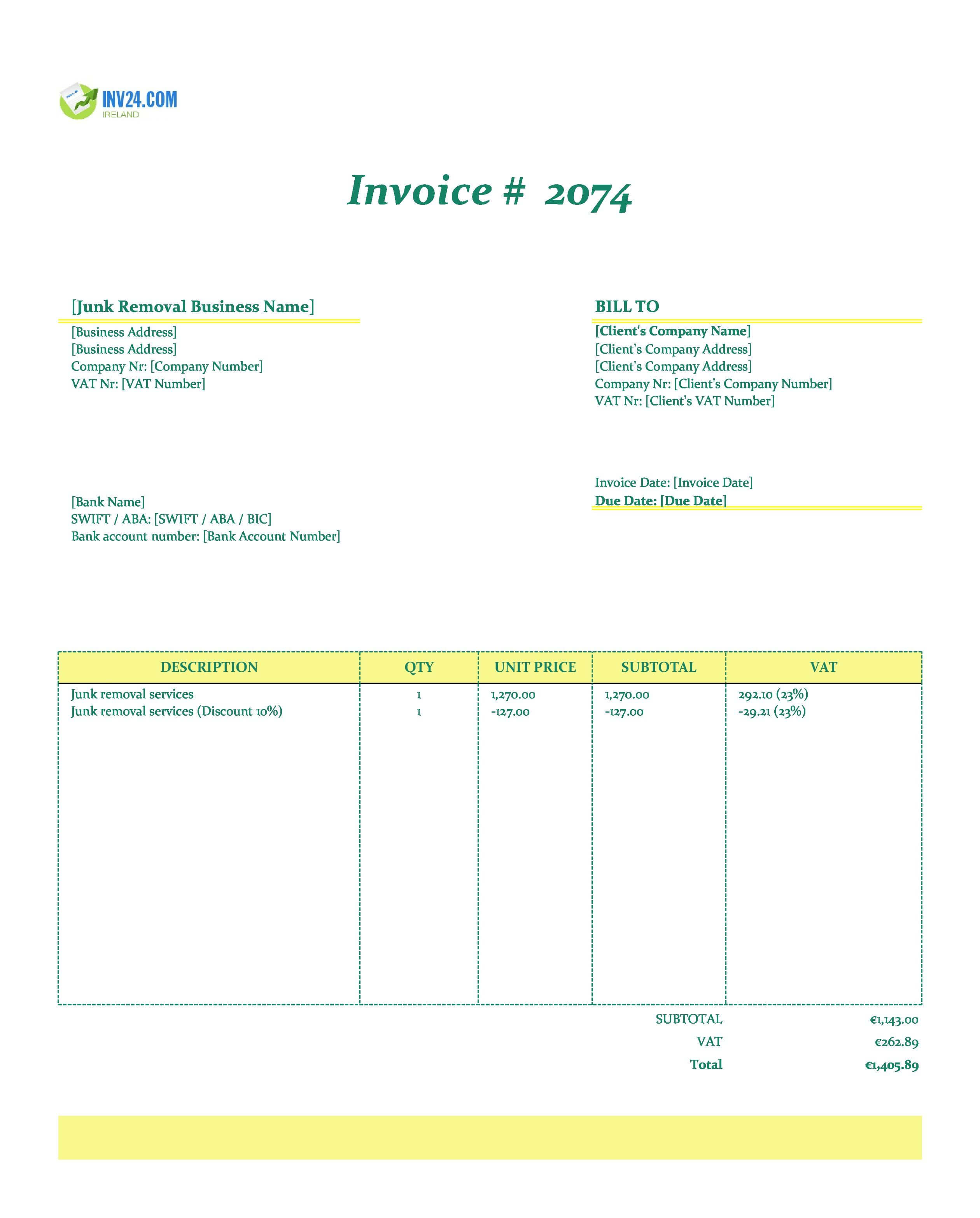 Junk Removal Invoice Template for Ireland (Excel / Google Sheets)
