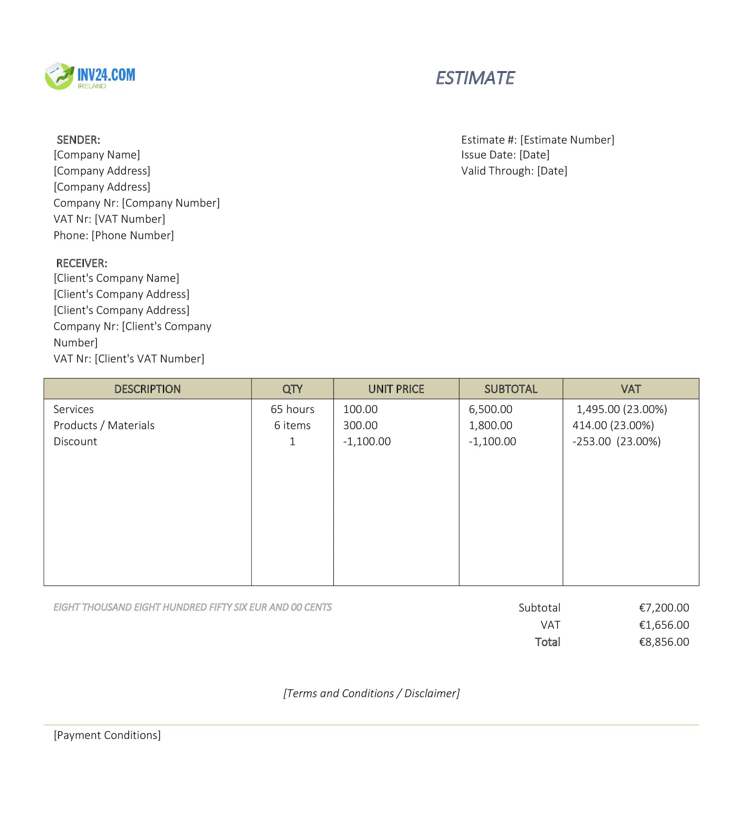 Labor Estimate Template for Ireland (Excel / Google Sheets)