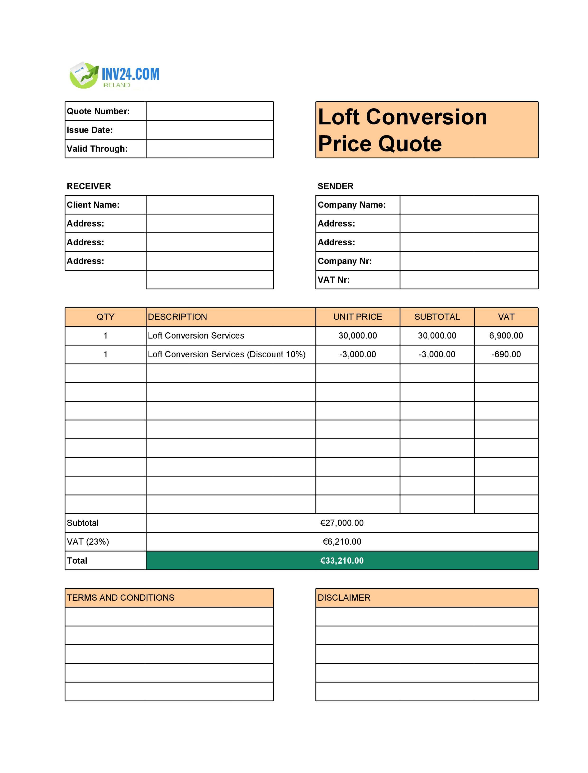 Loft Conversion Quote Template for Ireland (Excel / Google Sheets)