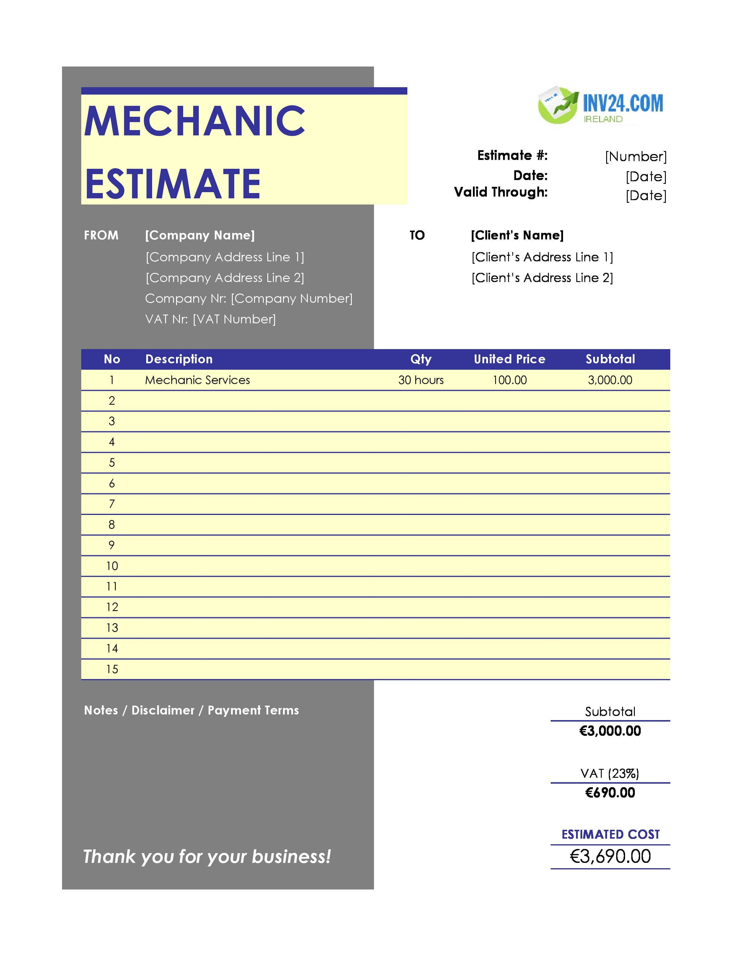 Mechanic Estimate Template for Ireland (Excel / Google Sheets)