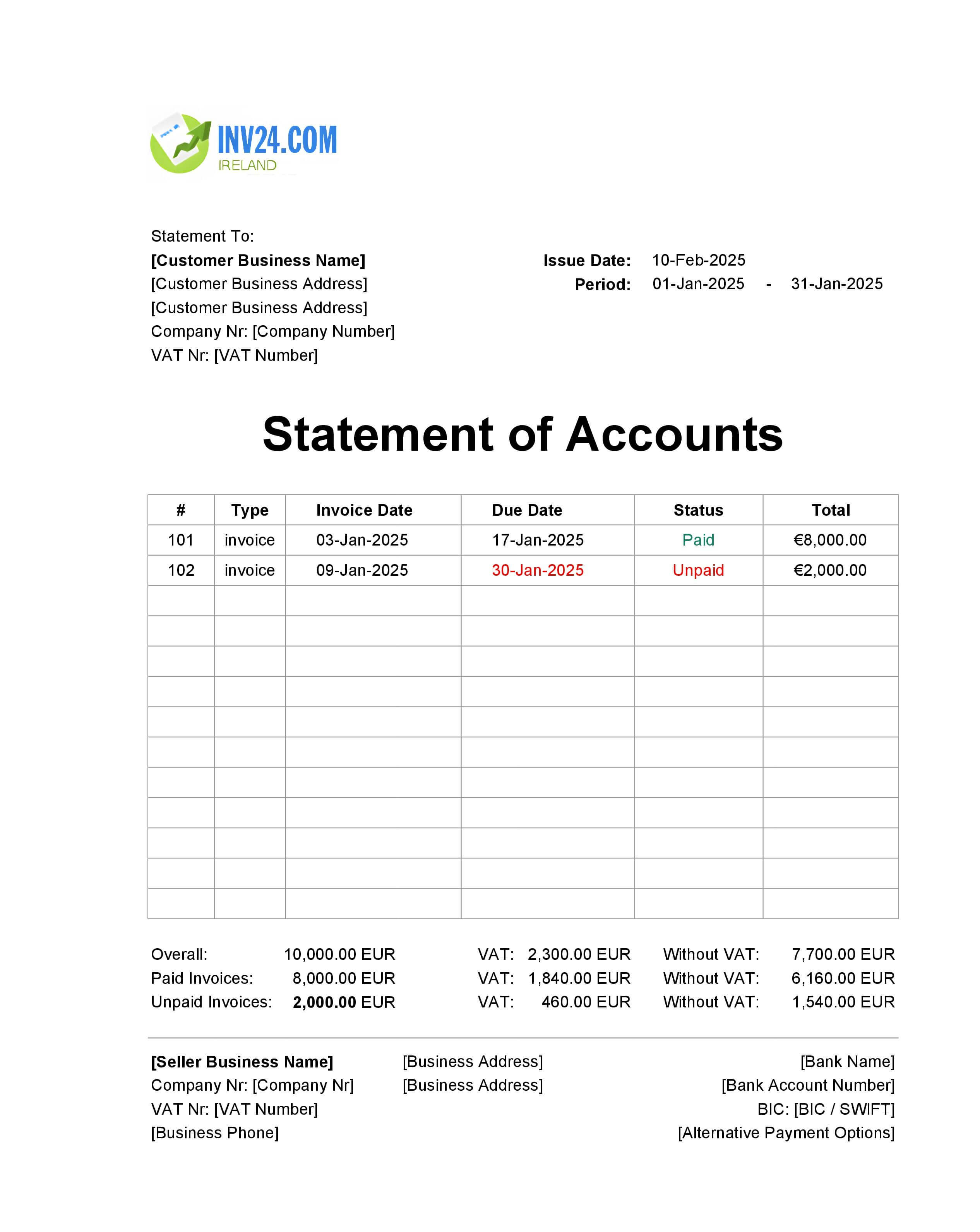 Monthly Statement of Accounts Template Ireland (Excel / Google Sheets)