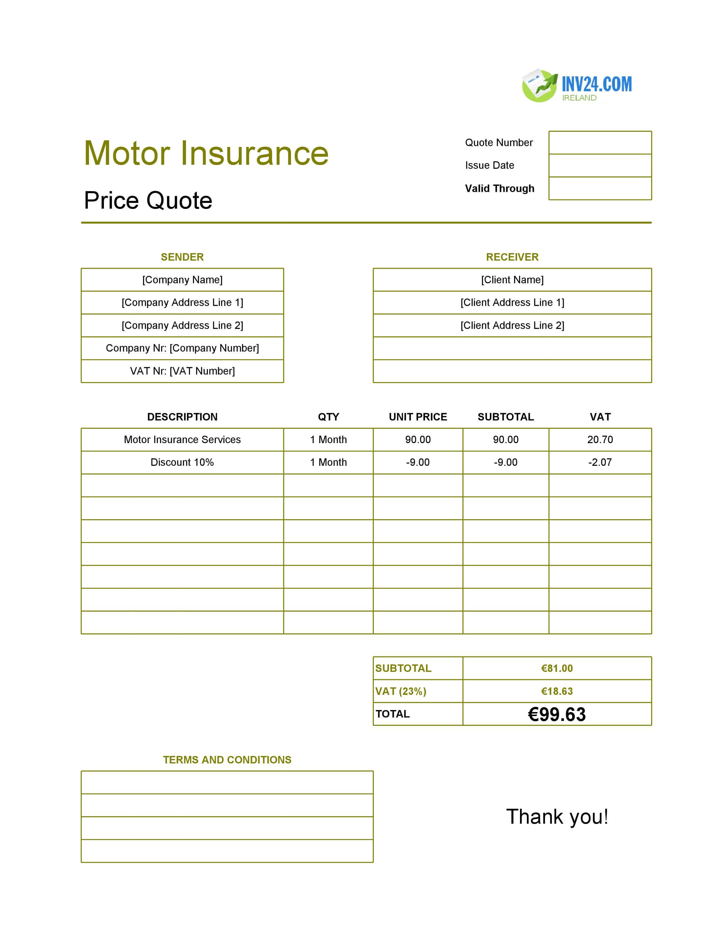 Motor Insurance Quote Template for Ireland (Excel / Google Sheets)
