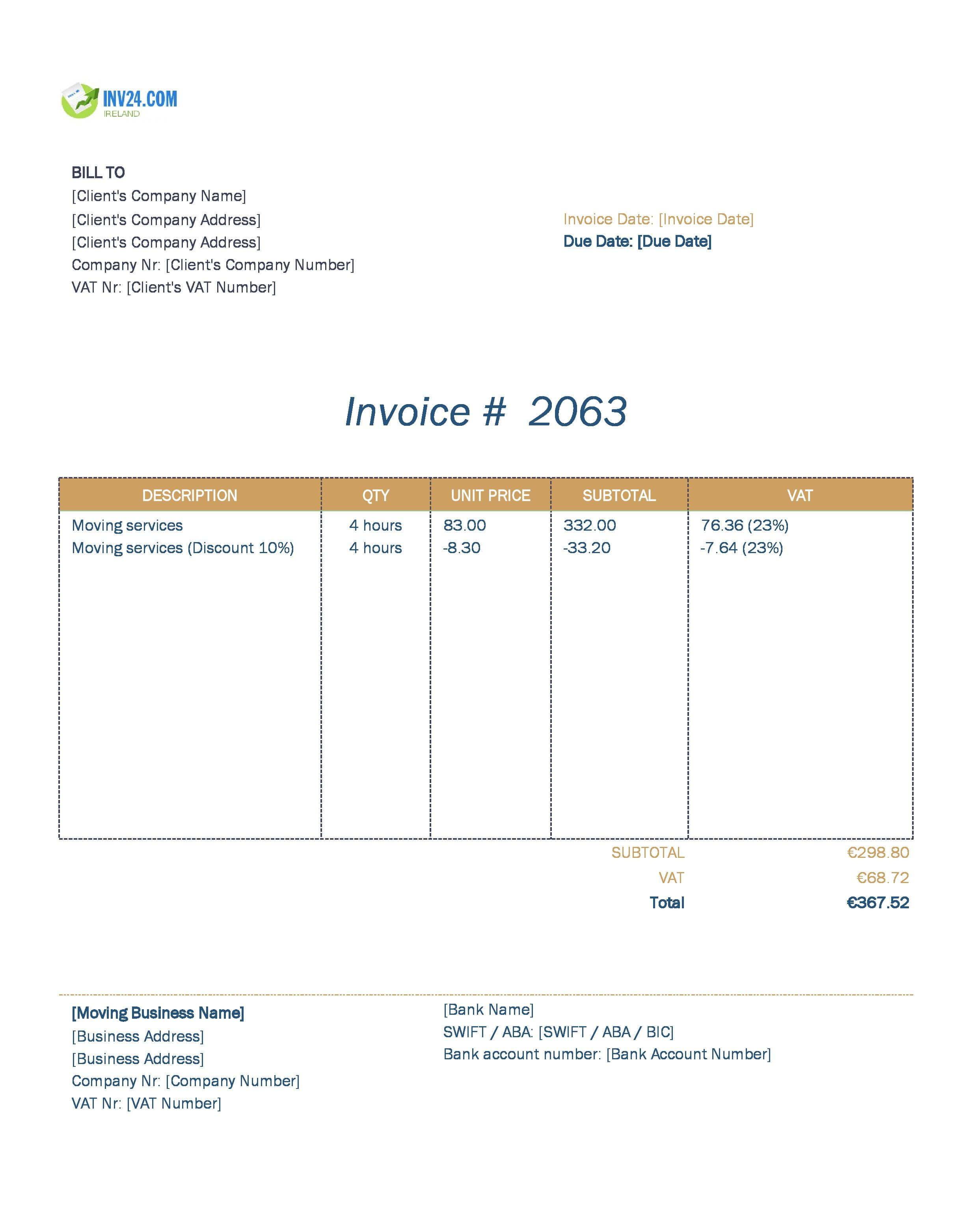 Moving Invoice Template for Ireland (Excel / Google Sheets) Moving Invoice Template for Ireland (Excel / Google Sheets)