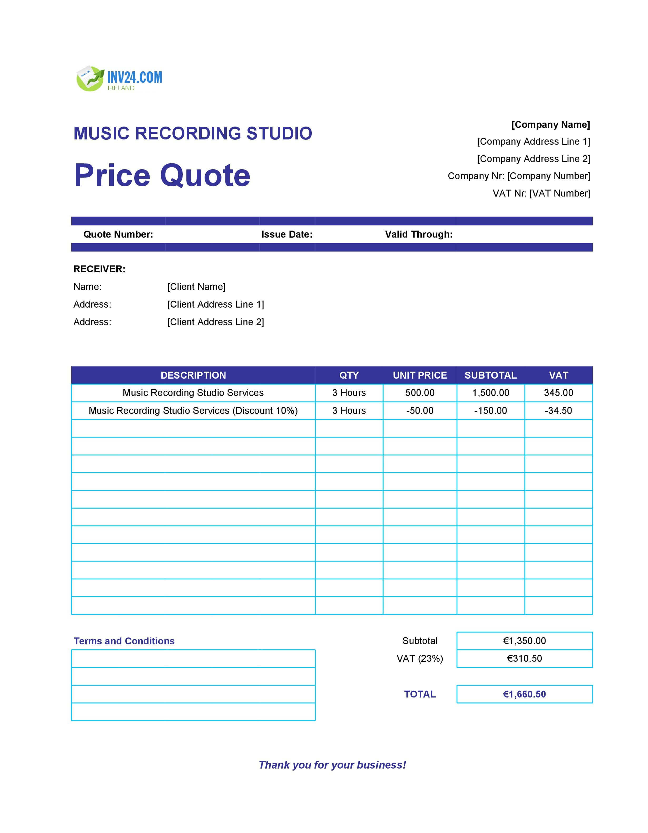 Music Recording Studio Quote Template for Ireland (Excel / Google Sheets)