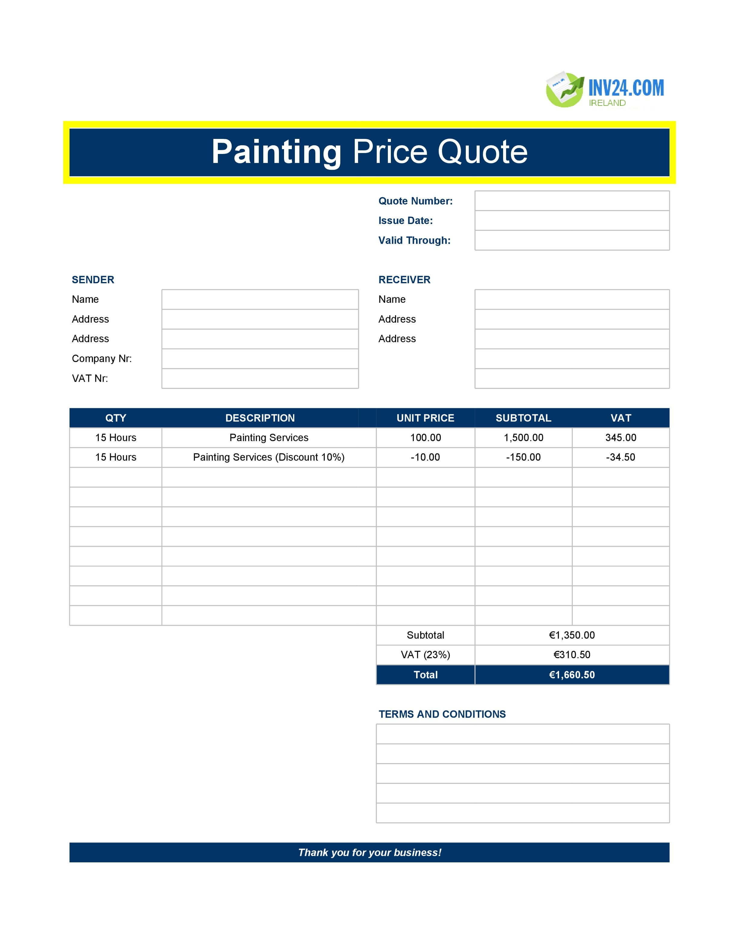 Painting Quote Template for Ireland (Excel / Google Sheets)