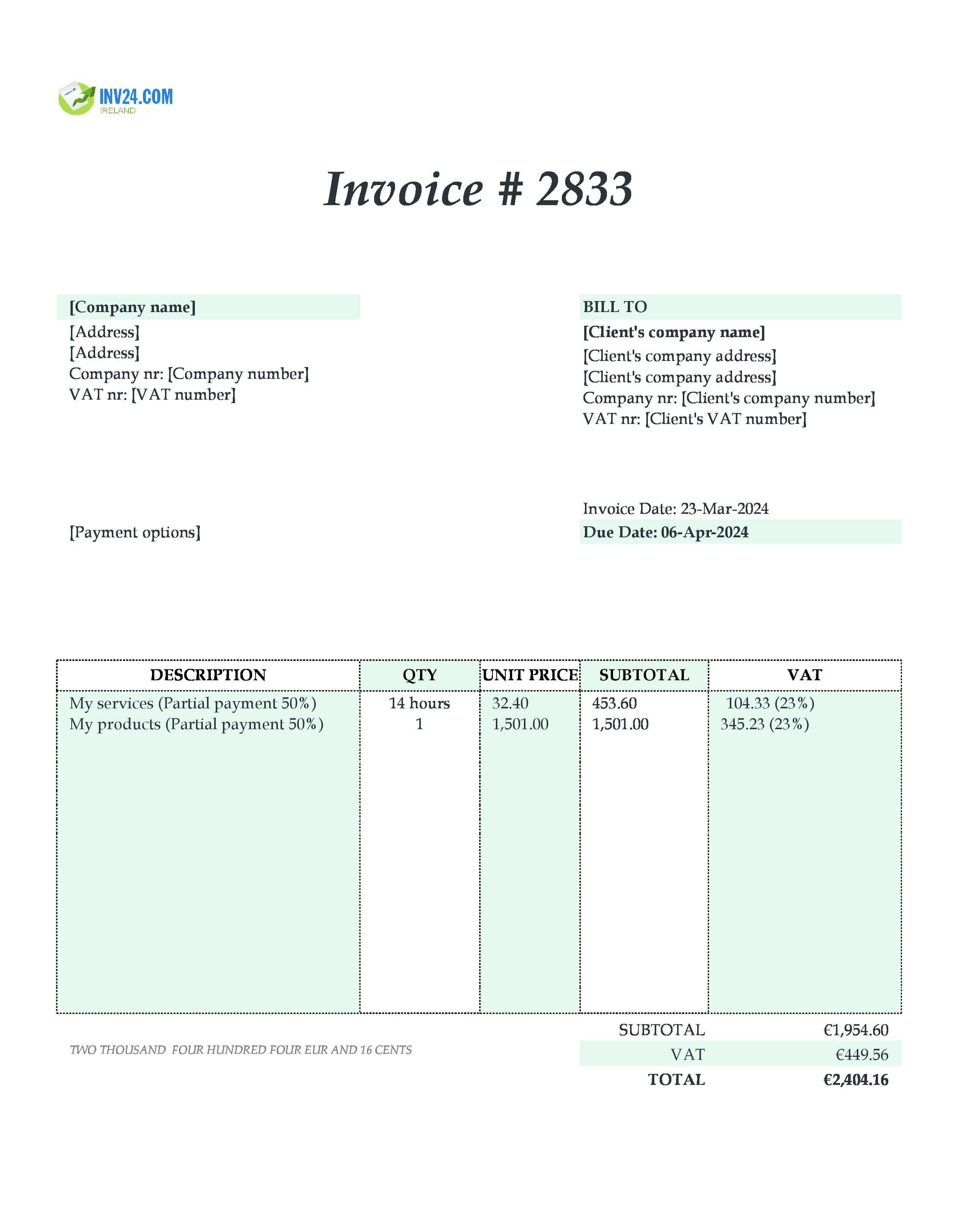 partial payment invoice sample