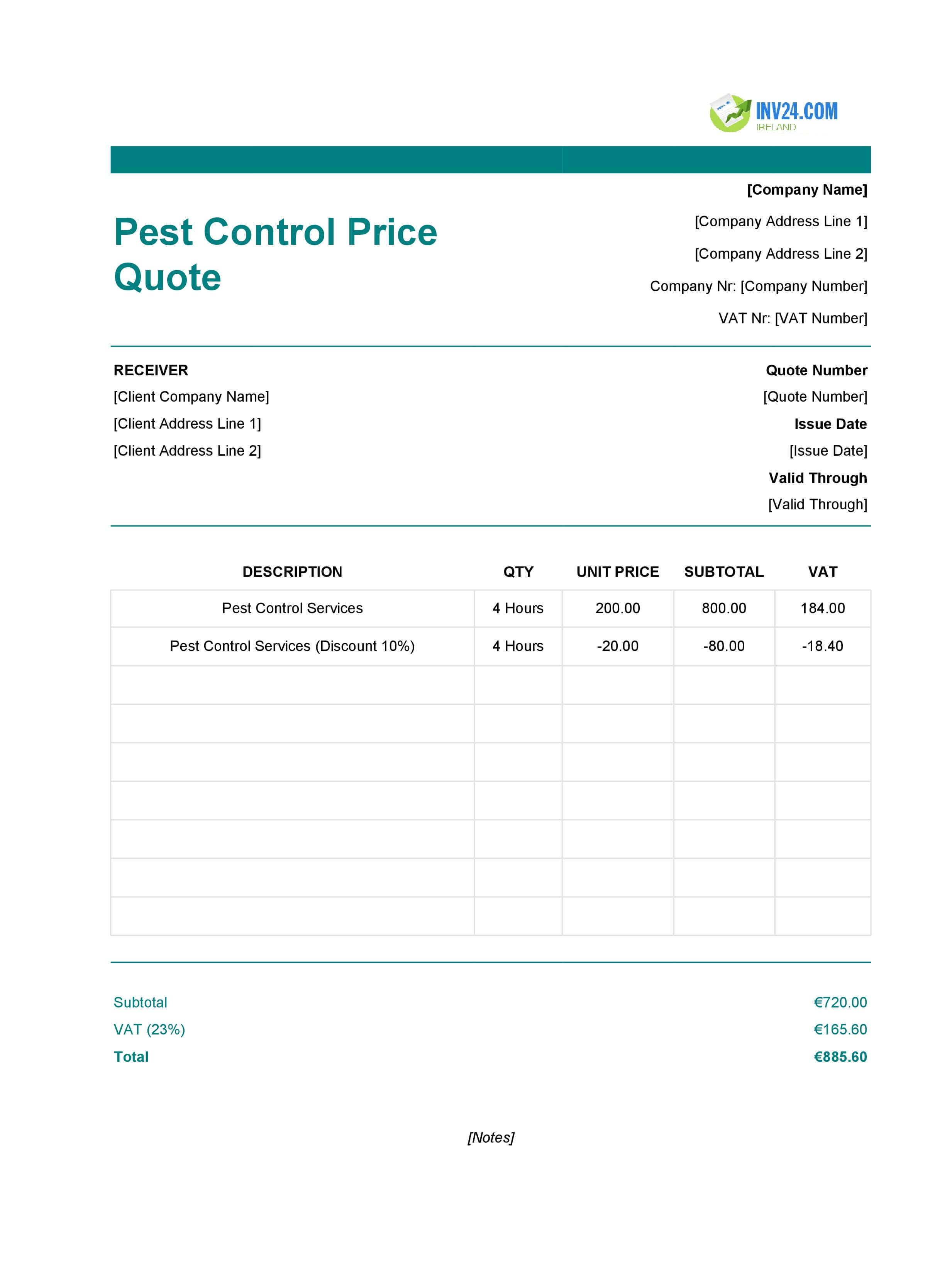 Pest Control Quote Template for Ireland (Excel / Google Sheets)