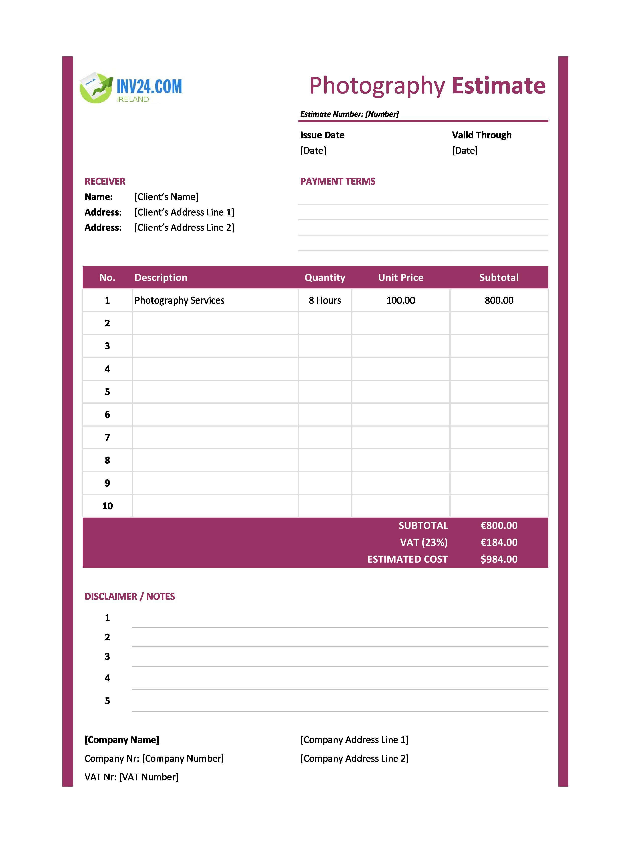 Photography Estimate Template for Ireland (Excel / Google Sheets)