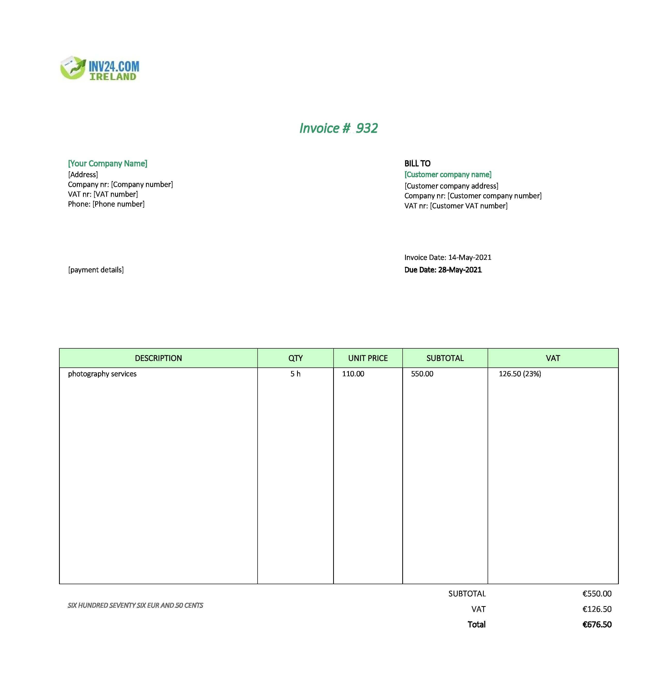 Photography Invoice Template Ireland (Excel / Google Sheets) Photography Invoice Template Ireland (Excel / Google Sheets)